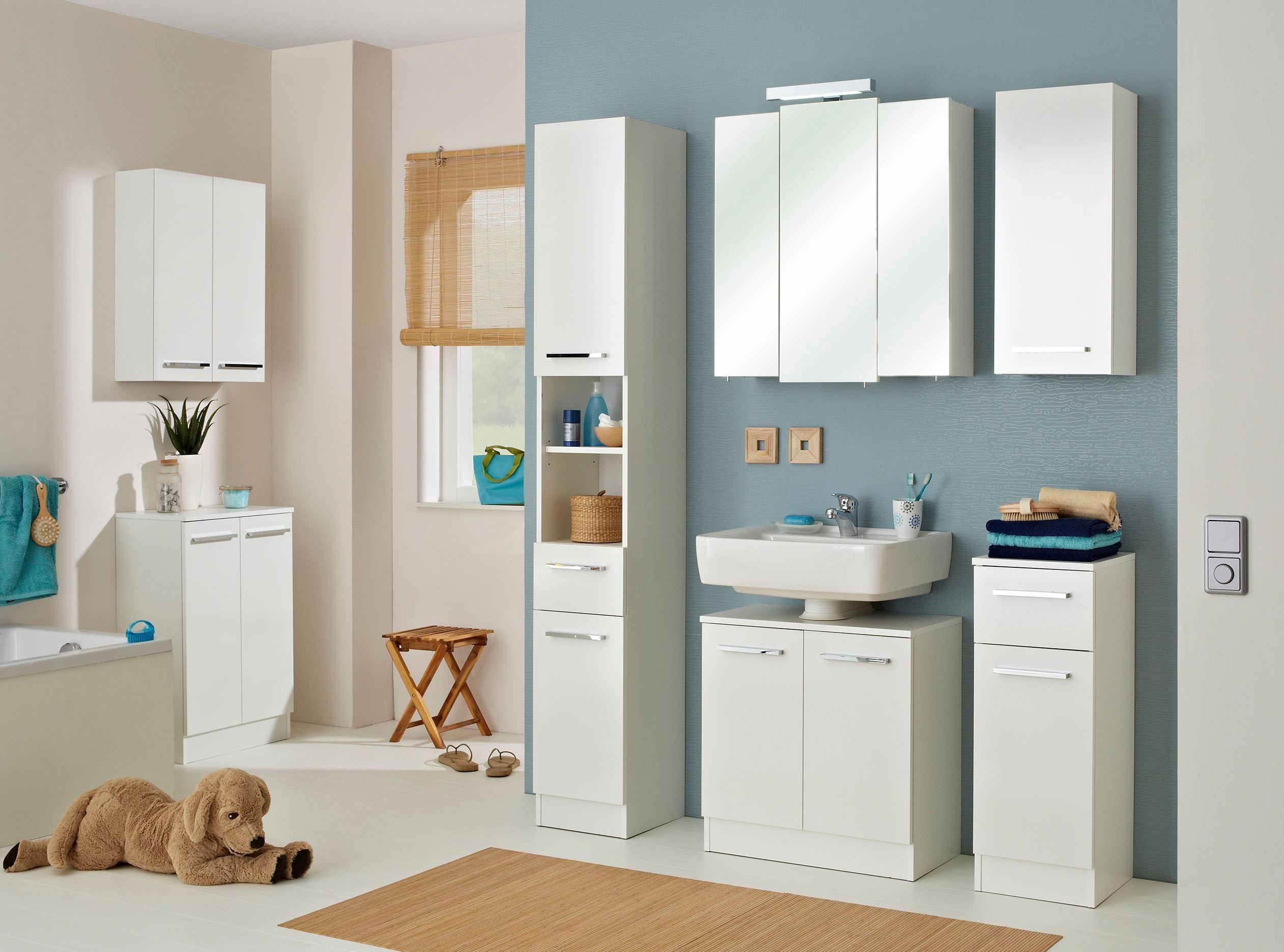 Badmöbel-Set SAPHIR "Quickset 335 7-teilig, Waschbeckenunterschrank mit LED-Spiegelschrank", weiß (weiß, weiß glanz), Kastenmöbel-Sets, Badmöbel-Set, Hochschrank, Unterschränke, Hängeschränke, inkl. Türdämpfer, 13 Türen