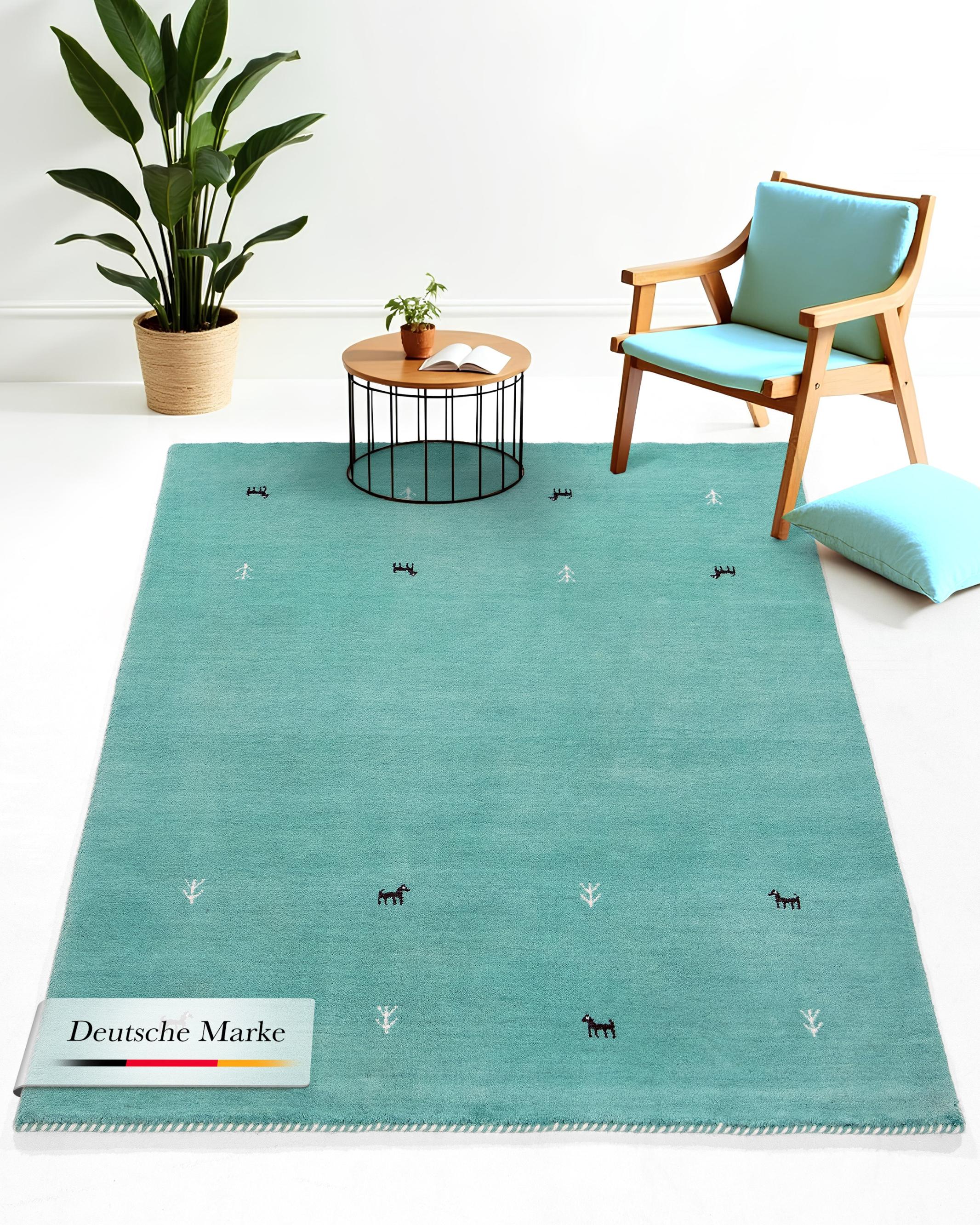 Wollteppich CARPETFINE "Gabbeh Uni, auch als Läufer und Rund erhältlich", blau (türkis), B:200cm H:15mm L:250cm, Wolle, Teppiche, Wollteppich, reine Wolle, handgewebt, Gabbeh Loom Tiermotiv, große Farbauswahl