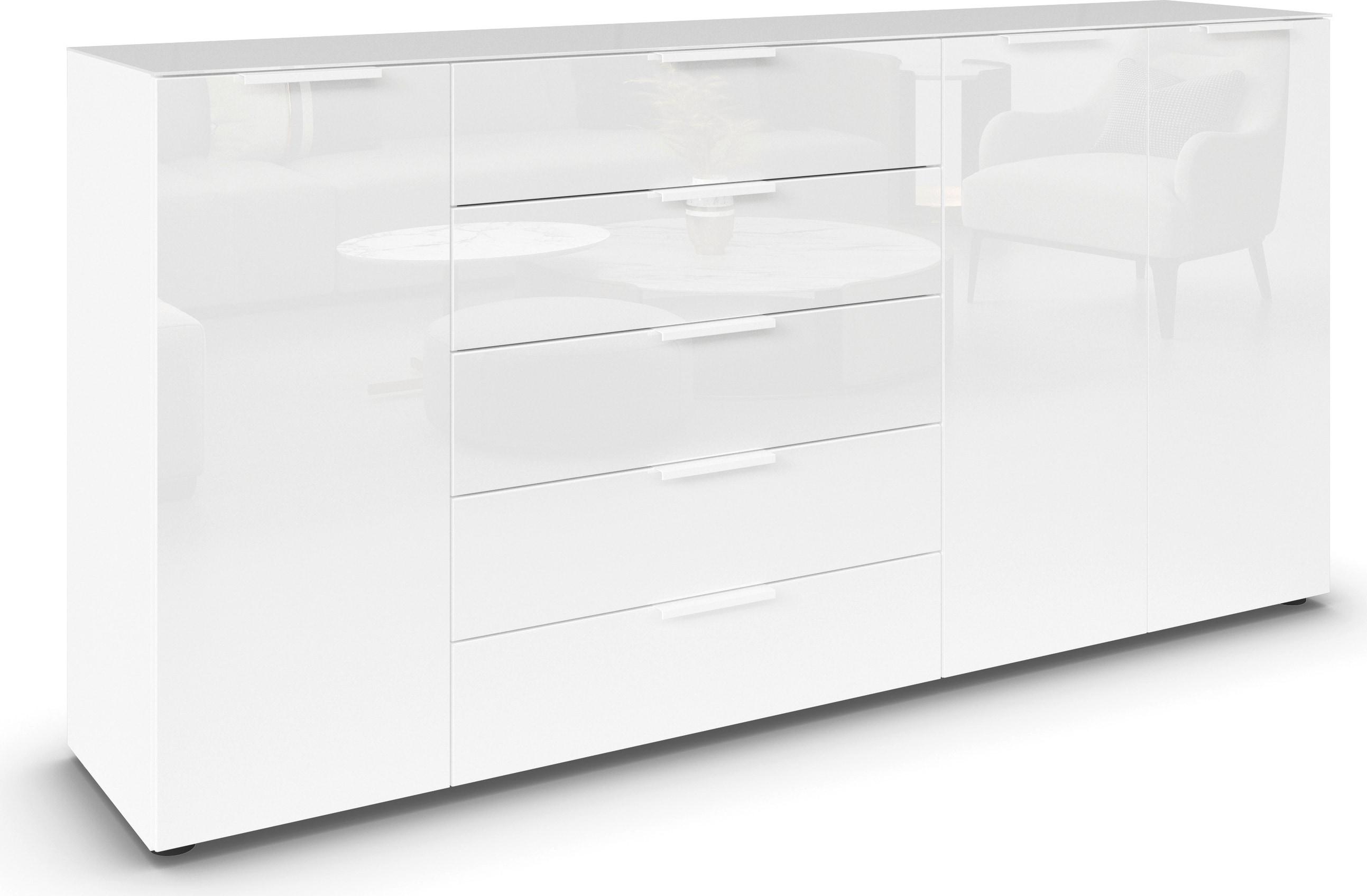 Kombikommode RAUCH "Kommode Türkommode Sideboard Kombikommode FLIPP mit Glasfront", weiß (alpinweiß, glas kristallweiß), B:200cm H:99cm T:42cm, Holzwerkstoff, Sideboards, Kombikommode, 3-türig, 5 Schubladen, Soft-Close-Funktion, Oberboden und Front Glas