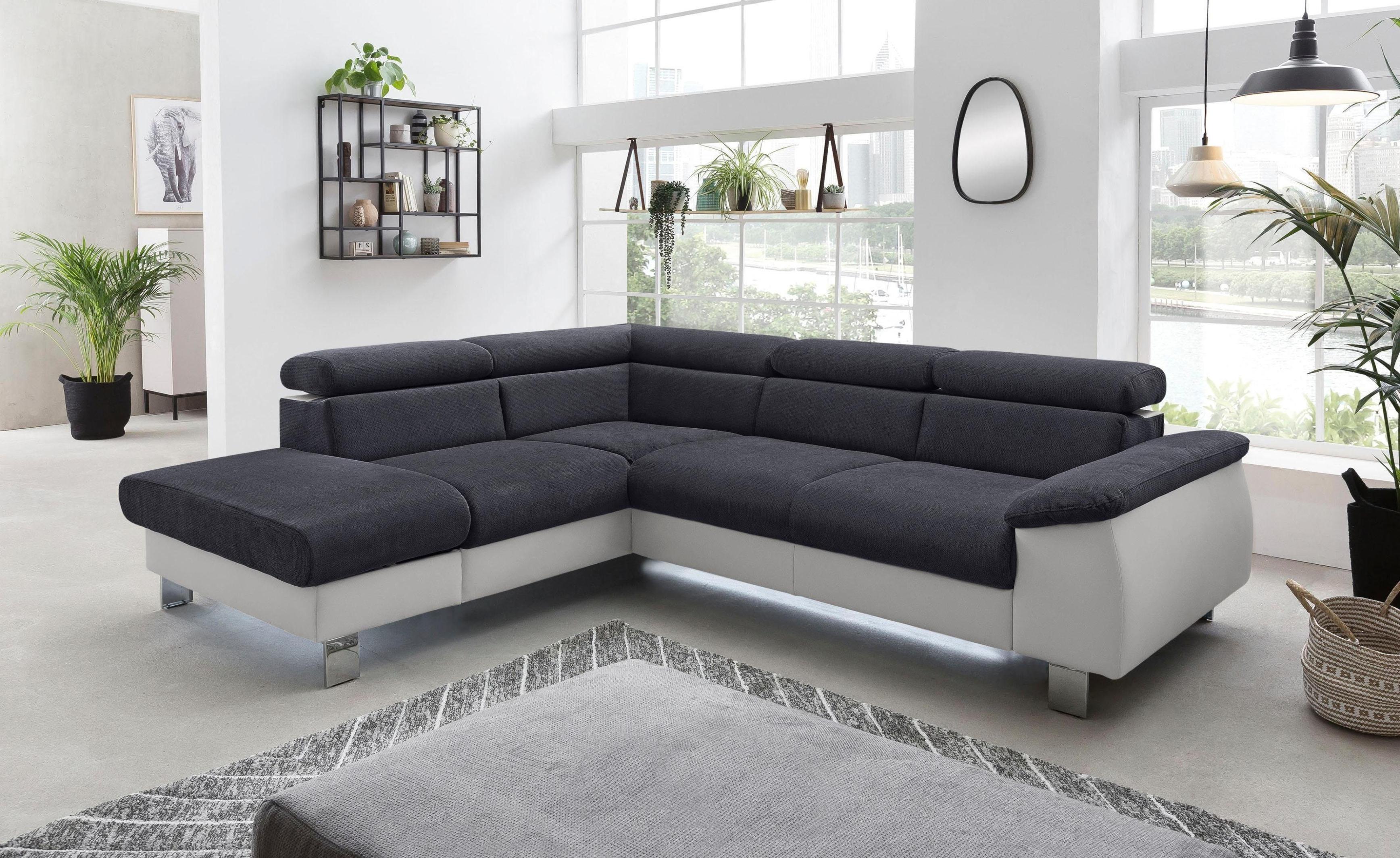 Polstergarnitur COTTA "Komaris L-Form, B: 249 bzw. 100 cm (Set: Ecksofa & Hocker)", grau (argent, schwarz), B:249cm, Sitzmöbel-Sets, Polstergarnitur, mit Kopfteilverstellung, optional Bettfunktion, Bettkasten & Licht