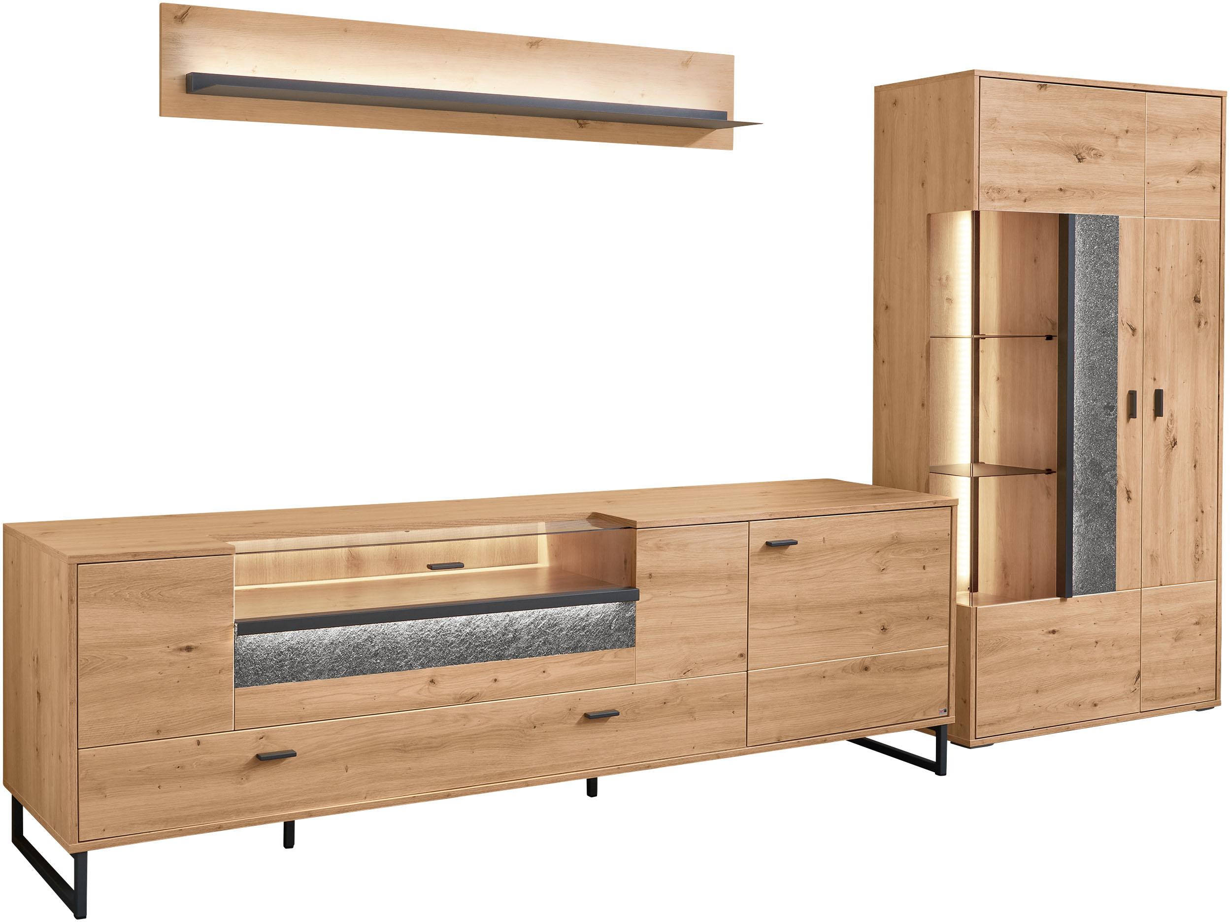 TV-Wand "Deltona", braun (eiche artisan), B:317,4cm H:198cm T:50,2cm, Holzwerkstoff, SET ONE BY MUSTERRING, Kastenmöbel-Sets, TV-Wand, Zierelemente aus Sandstein, inkl. Beleuchtung, Gesamtbreite ca. 317 cm