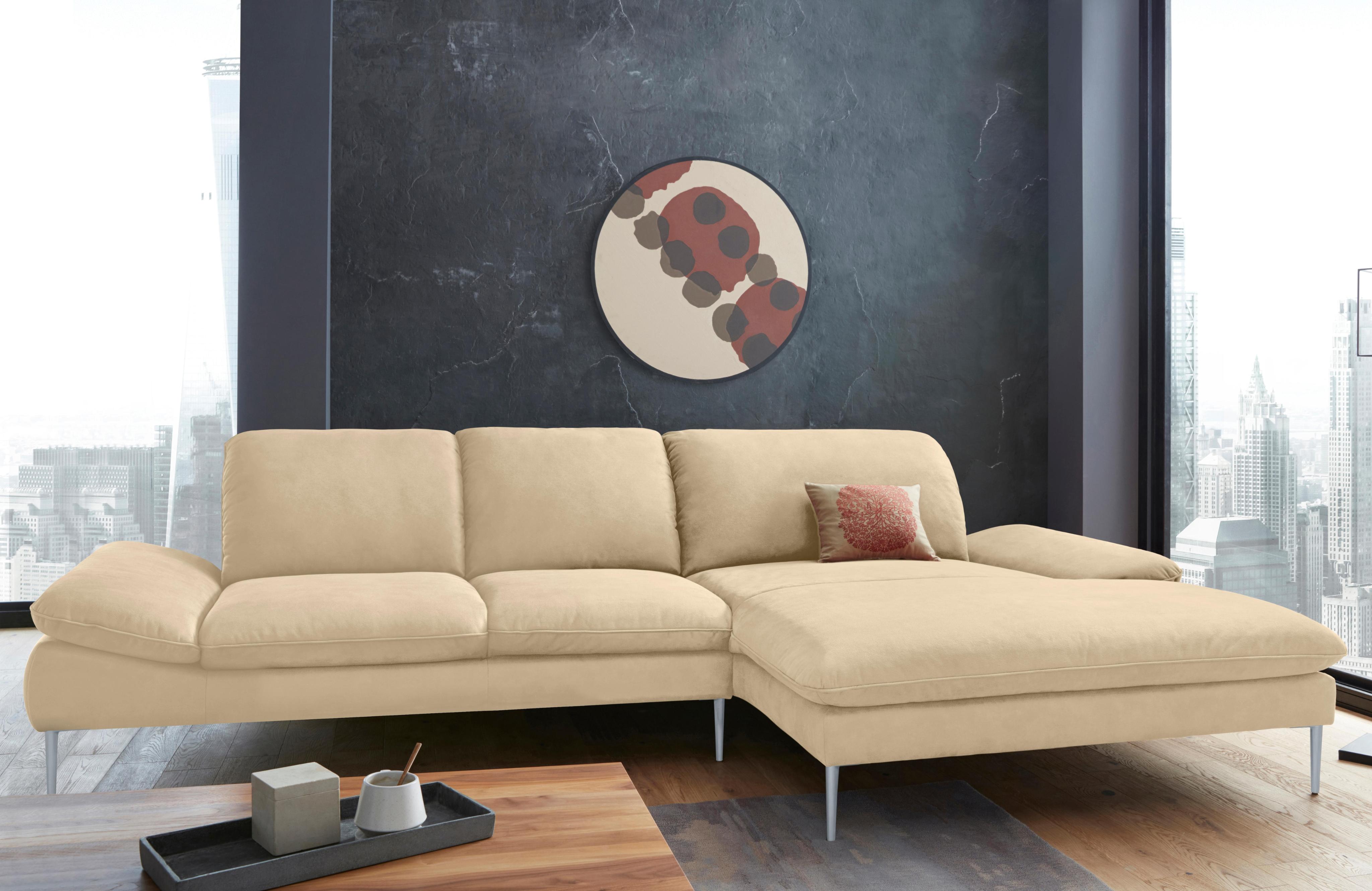 Ecksofa W.SCHILLIG "enjoy&MORE, Designsofa, bequem, zeitlos und elegant, L-Form", beige (sahara s37), B:340cm H:87cm T:185cm, Chenille-Flachgewebe R66 (85% Polyester, 15% Nylon);Longlife Xtra-Leder Z59: Glattleder mit modischer Prägung. Hautstärke 0, 9 - 1, 1 mm;Stoff S37 (100% Polyester), Sofas, Ecksofa, mit Sitztiefenverstellung, Füße silber matt, Breite 340 cm
