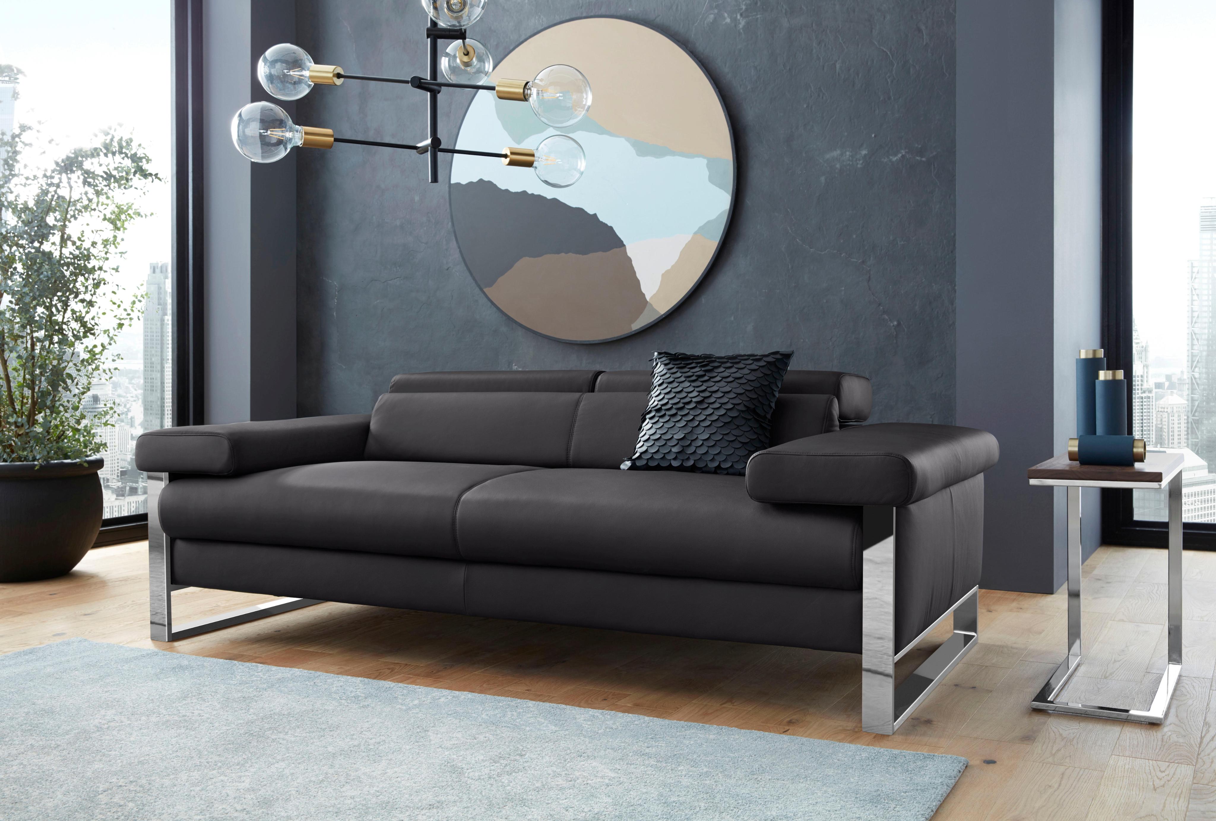 2-Sitzer W.SCHILLIG "finn", schwarz (schwarz z59), B:210cm H:71cm T:106cm, Flachgewebe S22 (100% Polyester);Stoff S37 (100% Polyester);Longlife Xtra-Leder Z59: Glattleder mit modischer Prägung. Hautstärke 0, 9 - 1, 1 mm, Sofas, 2-Sitzer, German Design Award 2016, Fußgestell Chrom glänzend, Breite 210 cm