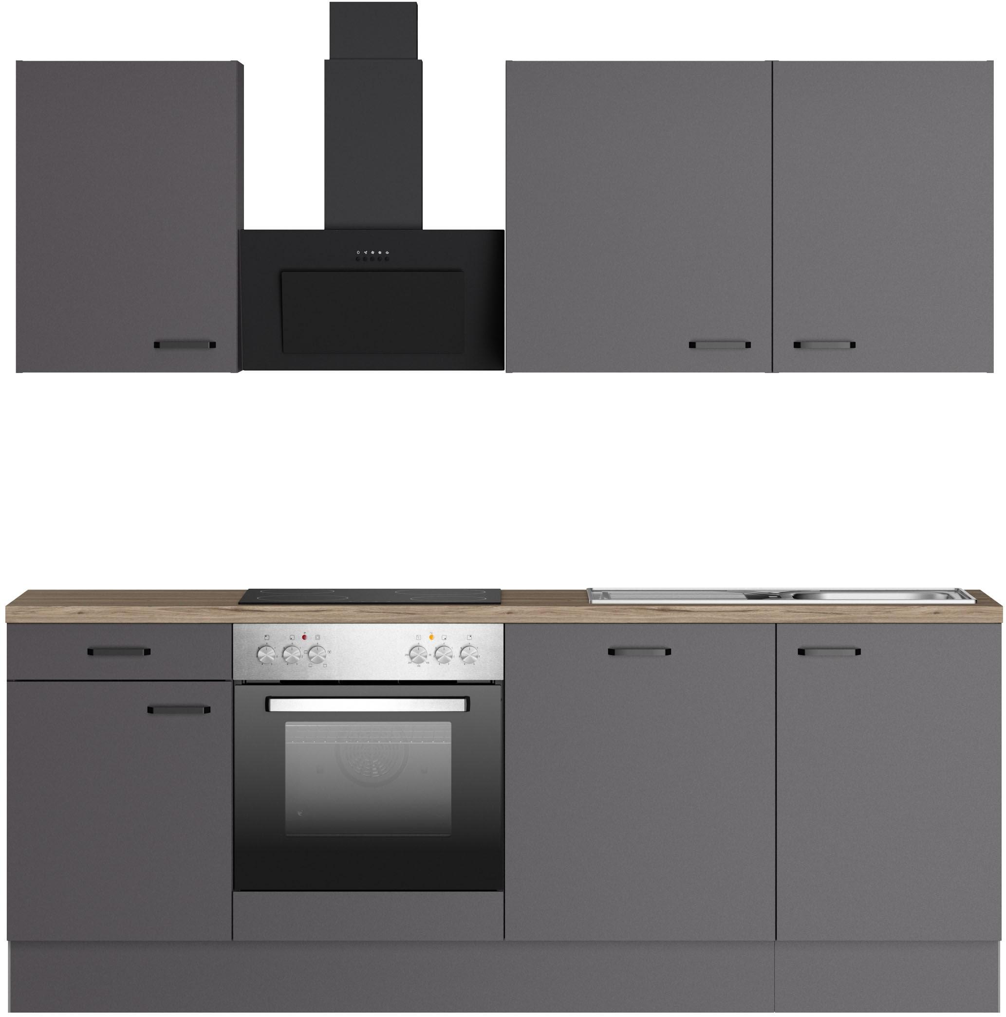 Küchenzeile KOCHSTATION "KS-Paula", küche: grau, korpus: anthrazit, arbeitsplatte: wildeichefarben struktur, B:220cm H:211,8cm T:60cm, Komplettküchen-Sets, Küchenzeile