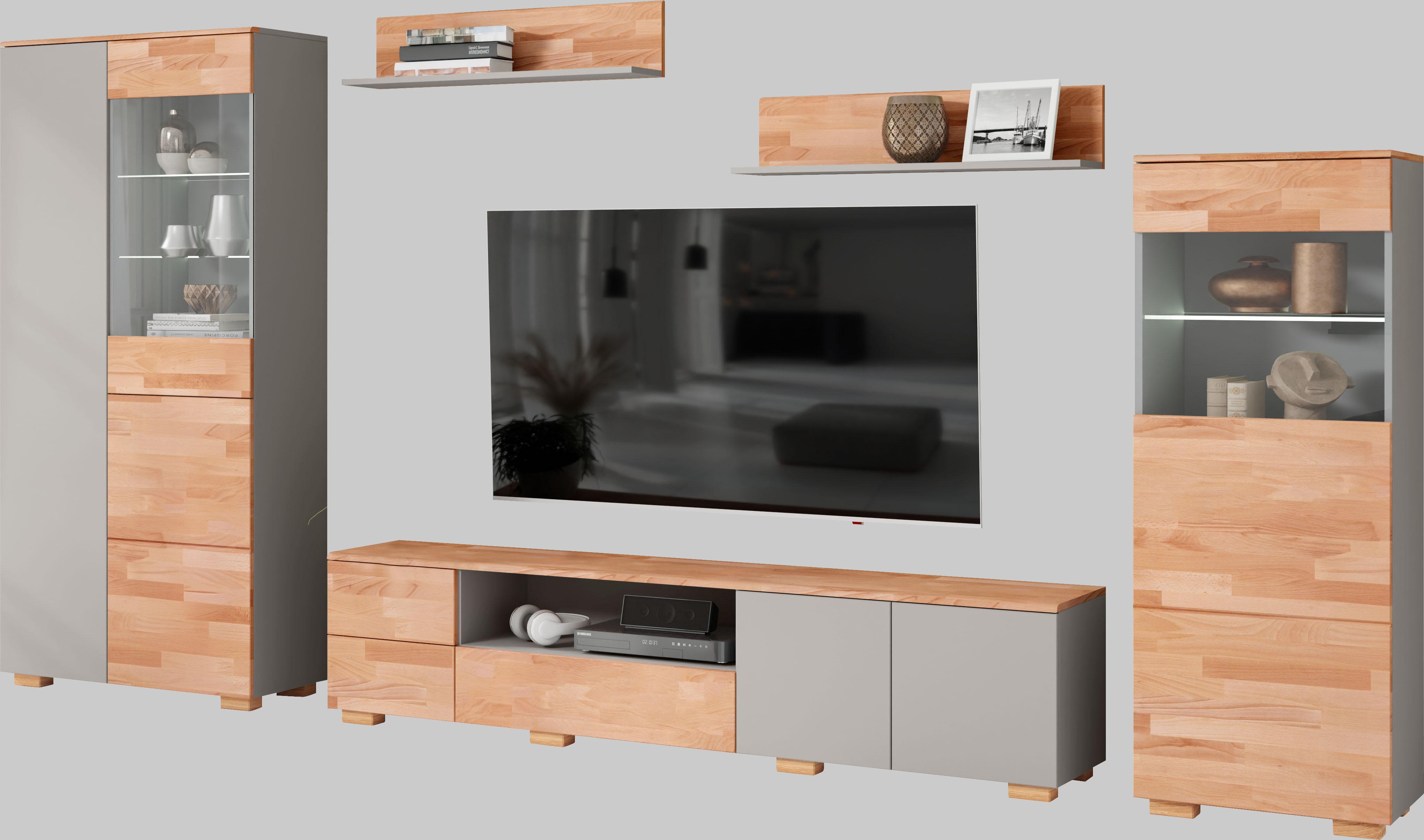 Wohnwand OTTO HOME, braun (braun und grau), B:345cm H:185cm T:35cm, Holzwerkstoff, Massivholz, Kastenmöbel-Sets, Wohnwand, schöne moderne Optik