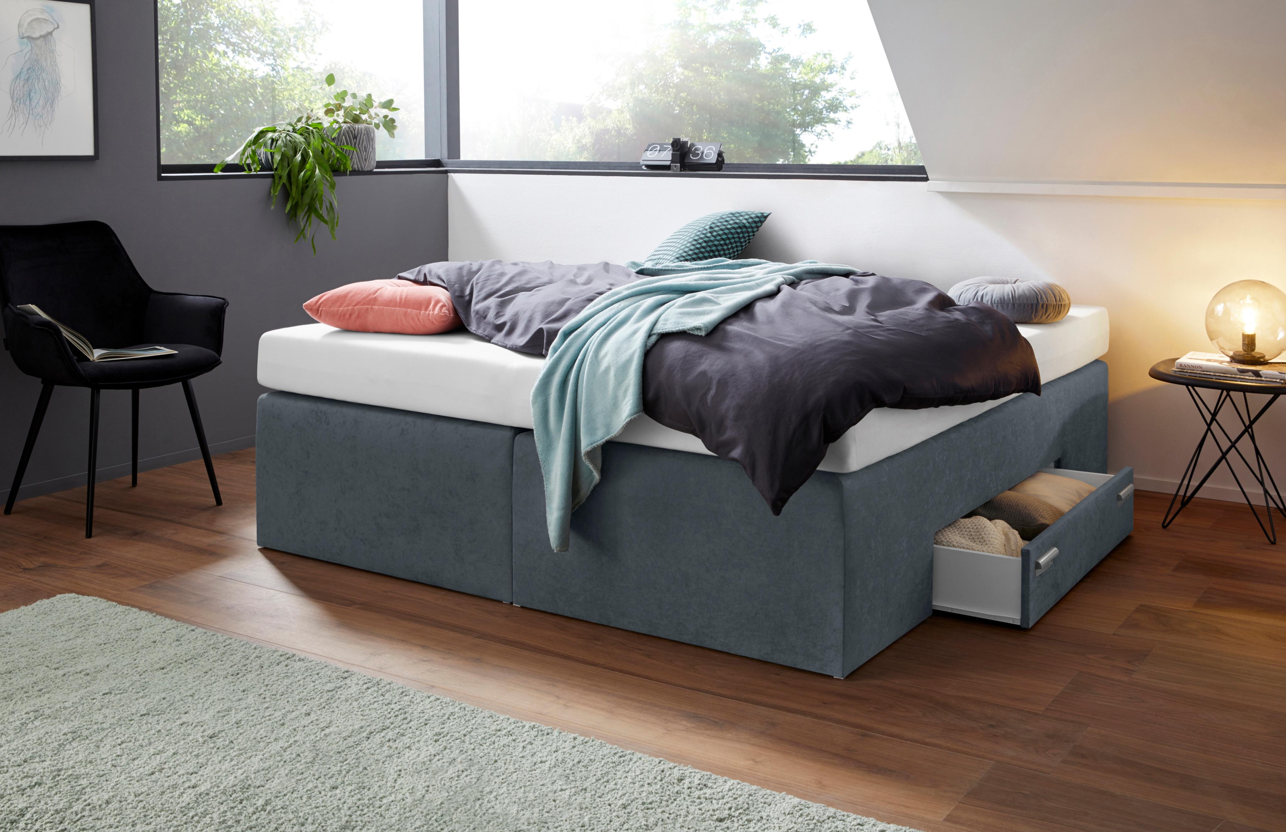 Boxspringbett, grau (anthrazit), B:180cm L:200cm, Bezug Bett: Feinstrukturstoff (77% Polyester, 23%Viskose) oder Microfaser (100% Polyester);Bonnellfederkernmatratze: 100%Polyester;Kaltschaummatratze: 100% Polyester, Bezug abnehm- und waschbar bis 60C, WESTFALIA SCHLAFKOMFORT, Komplettbetten, Boxspringbett, mit integrierter Schublade, frei im Raum stellbar