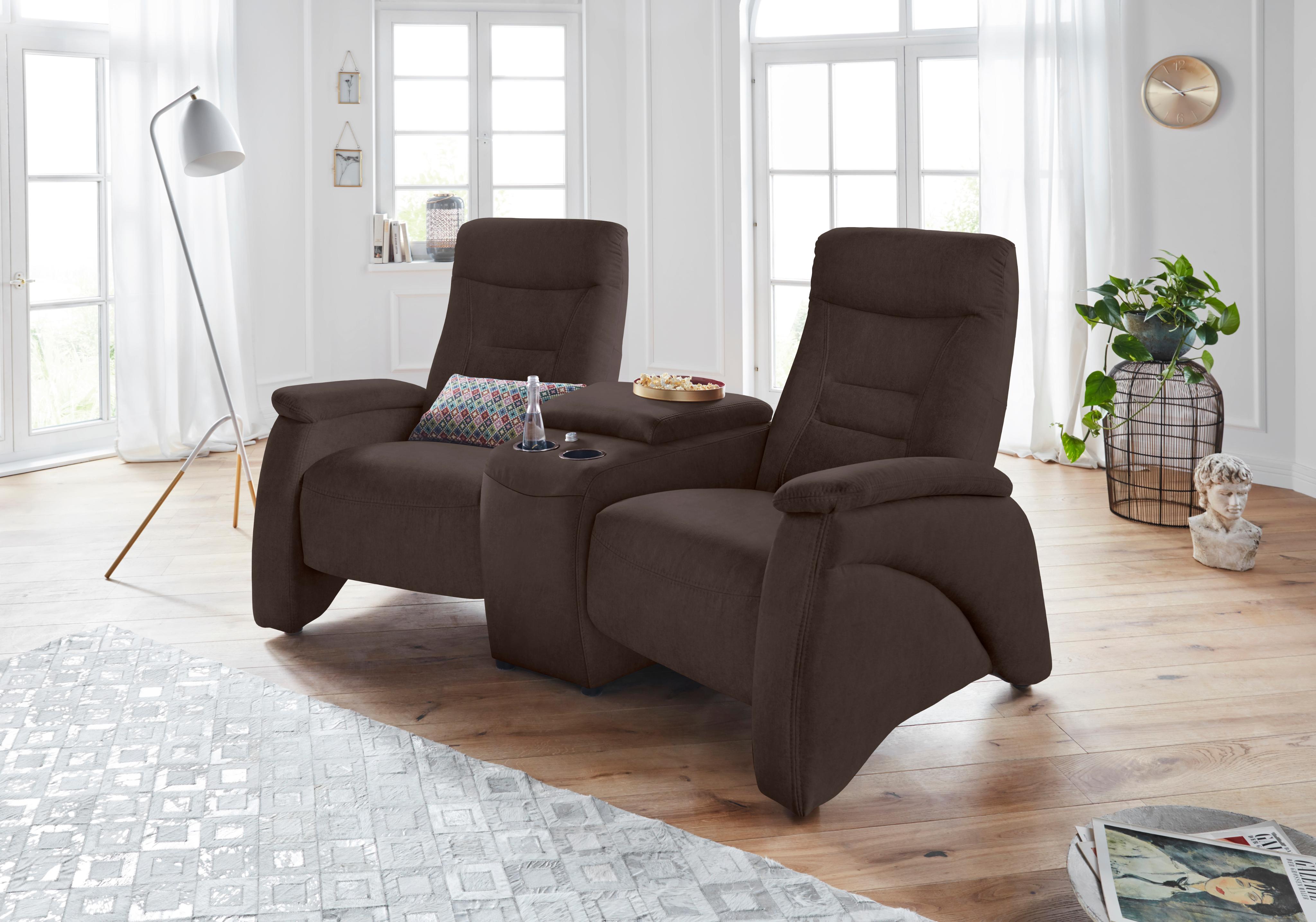 2,5-Sitzer EXXPO - SOFA FASHION "Ascoli, Kinosofa mit hohem Sitzkomfort, bequeme Armlehnen", braun, B:199cm H:106cm T:99cm, NaturLEDER (echtes Rindsleder) in Sitz und Rücken. Korpus in passendem Kunstleder SOFTLUX bezogen;Velours in Lederoptik (100% Polyester), Sofas, 2 5-Sitzer, inkl. Relaxfunktion, mit Ablage und Staufach, hohe Rückenlehne