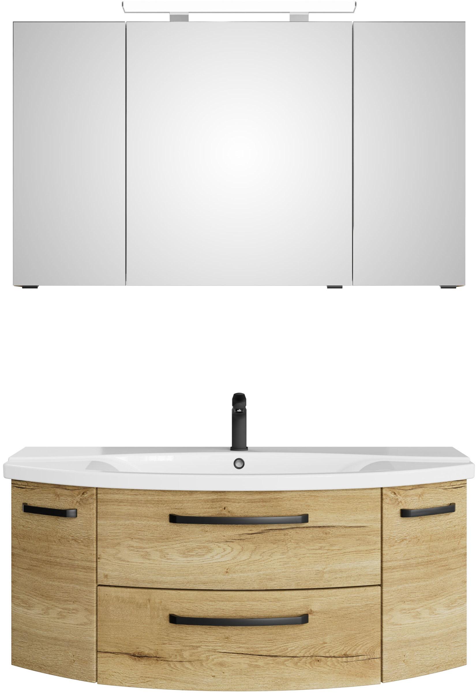 Badmöbel-Set SAPHIR "Serie 4010 2-teilig Keramik-Waschtisch mit LED-Spiegelschrank", braun (halifax eiche quer nachbildung), B:120,5cm H:200cm T:48cm, Holzwerkstoff, Kastenmöbel-Sets, Badmöbel-Set, Badezimmer Set 120,5 cm breit, inkl. Türdämpfer, 5 Türen, 2 Schubladen