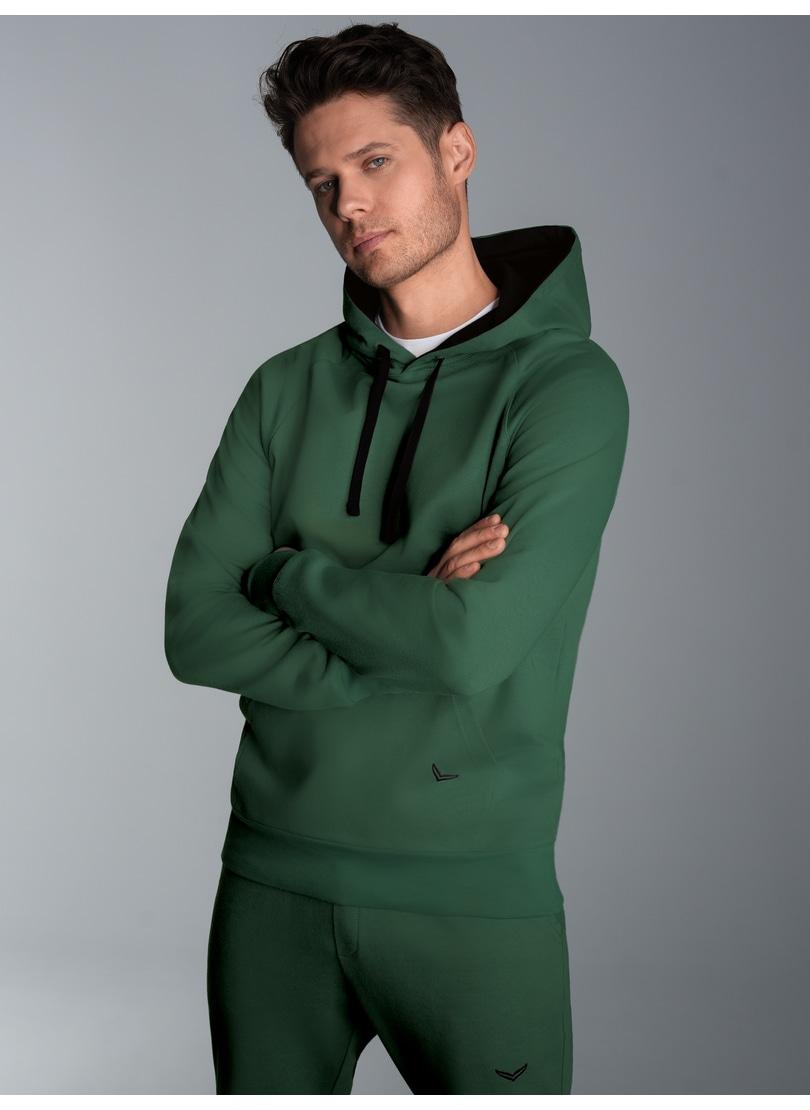 Kapuzensweatshirt TRIGEMA "TRIGEMA Kapuzensweatshirt aus Biobaumwolle", Herren, Gr. XL, grün (efeu), Single Jersey, 75% Baumwolle (Biobaumwolle kbA), 25% Baumwolle (recycelt), lang, ohne Ausschnitt, Sweatshirts Kapuzensweatshirt