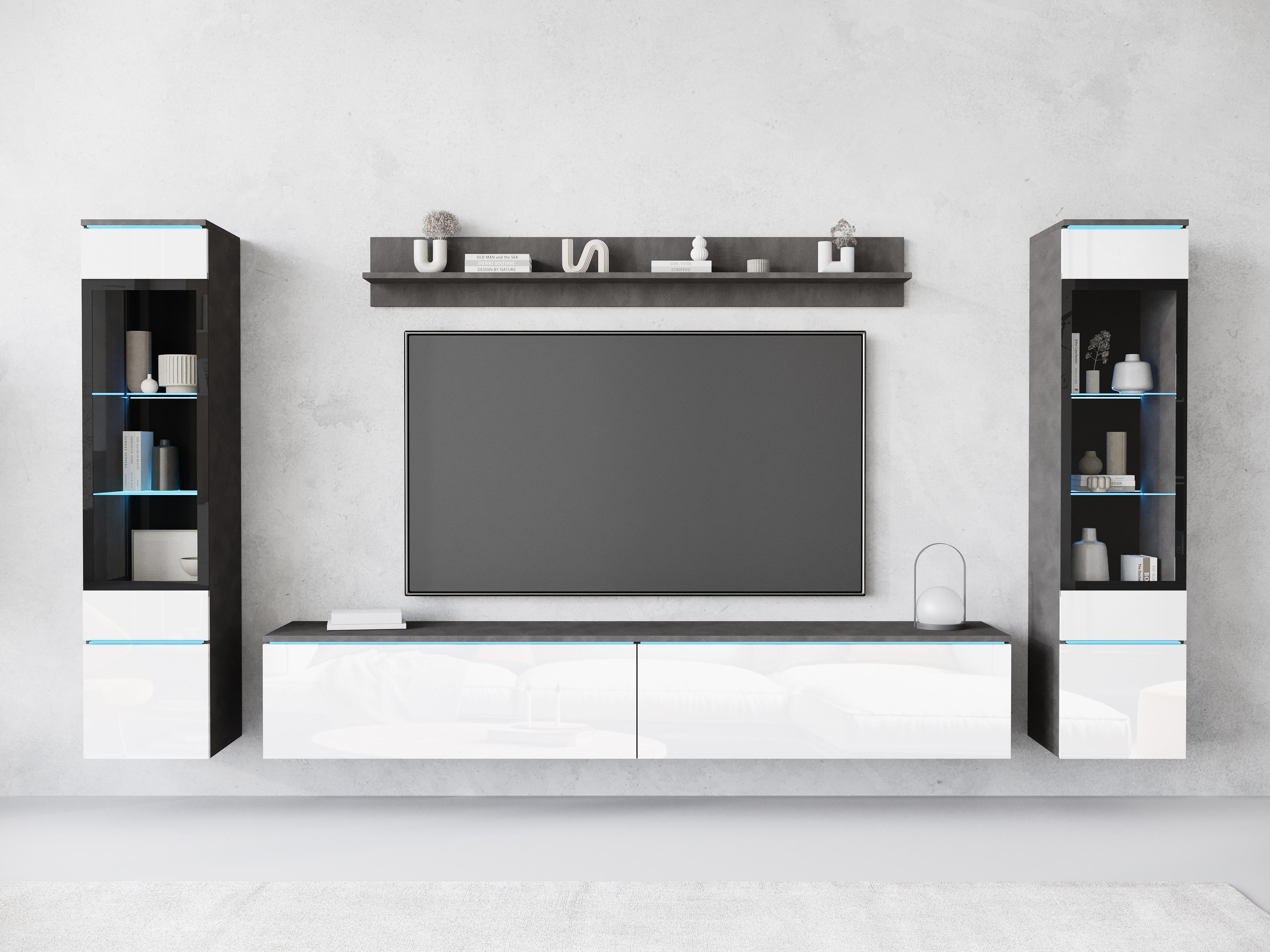 Wohnwand HOME AFFAIRE "VERA II", grau (mathera antrazit, weiß hochglanz), B:260cm H:130cm T:33cm, Kastenmöbel-Sets, Wohnwand, Vitrine mit Verglasung, stehend und hängend, inklusive Beleuchtung