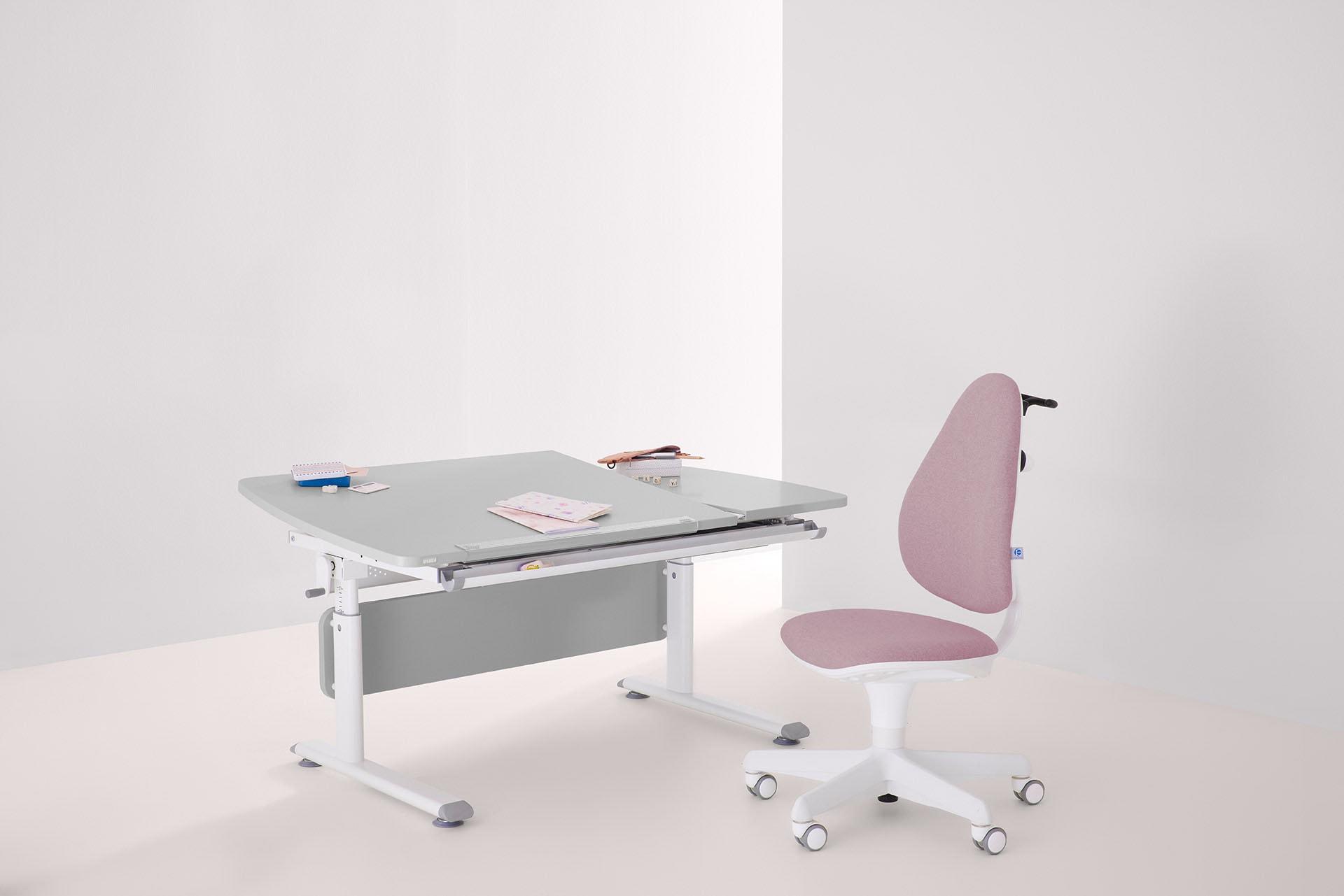 Kinderschreibtisch PAIDI "DIEGO CURVED GT, Schülerschreibtisch, ergonomisch, mitwachsend", grau (kieselgrau, weiß, weiß, kieselgrau), B:130cm H:79cm T:70cm, Tische, Kinderschreibtisch, stufenlos höhenverstellbar, geteilte Tischplatte neigbar