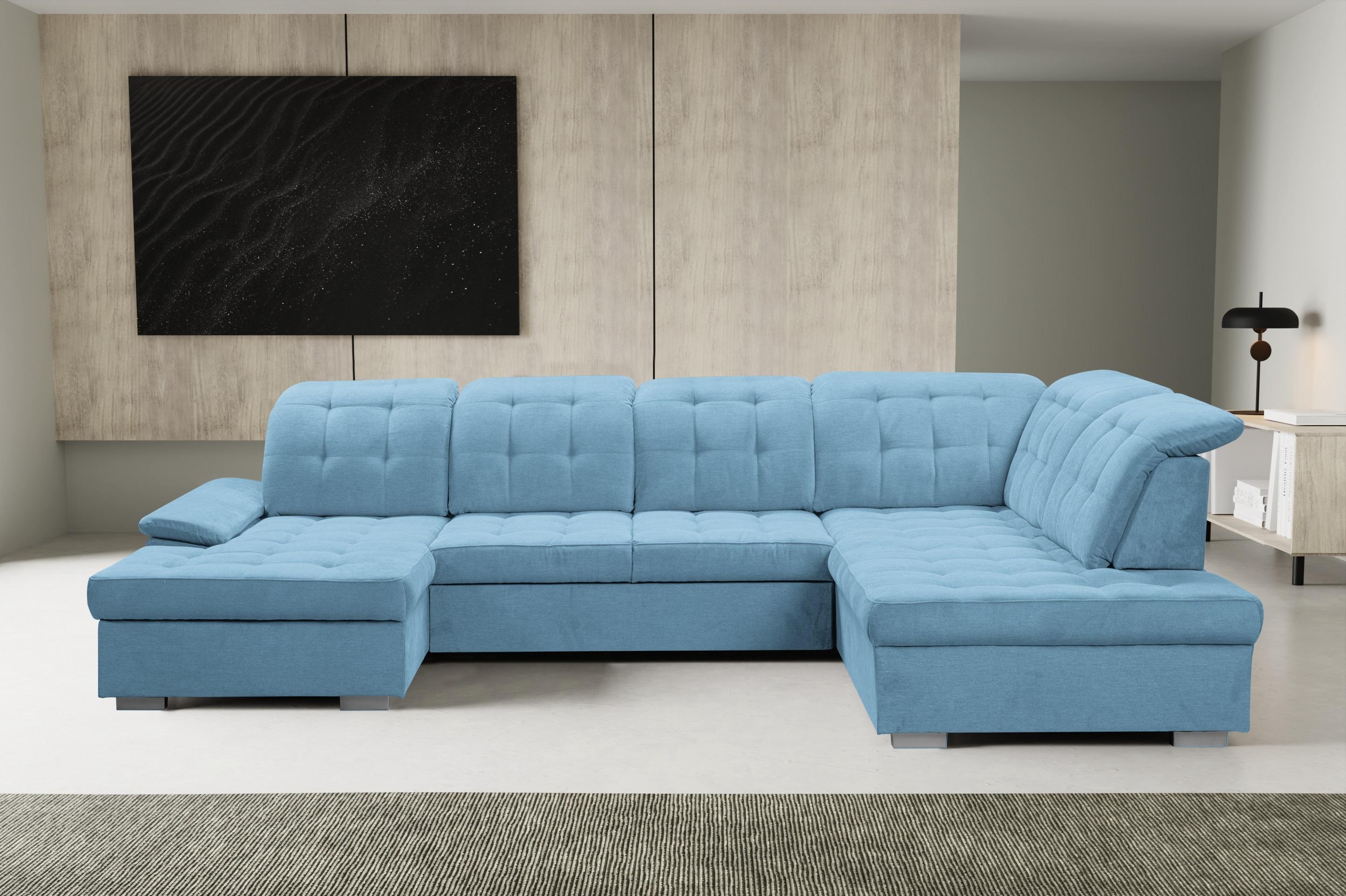 Wohnlandschaft WERK2 "Kordula-New Multifunktion Couch, Breite 332cm, bequem, U-Form", blau (hellblau), B:332cm H:105cm T:217cm, 95% Polyester, 5% Nylon, Sofas, Wohnlandschaft, Sofa in U-Form mit Schlaffunktion & Bettkasten, Schlafcouch