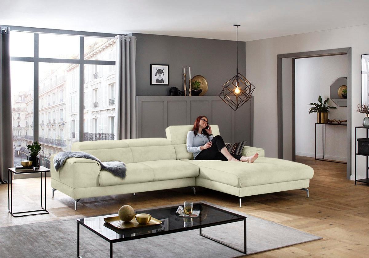 Ecksofa W.SCHILLIG "piedroo, Designsofa mit tollem Sitzkomfort, bequem und elegant, L-Form", beige (sahara s37), B:303cm H:70cm T:193cm, Stoff S37 (100% Polyester): Luxus-Microfaser in Lederoptik, Sofas, Ecksofa, Kopfteilverstellung, wahlweise mit Sitztiefenverstellung, Breite 303cm