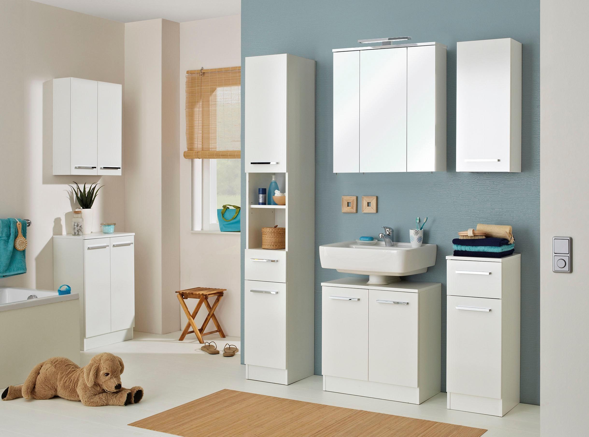 Badmöbel-Set SAPHIR "Quickset 335 7-teilig, Waschbeckenunterschrank mit LED-Spiegelschrank", weiß (weiß, weiß glanz), Kastenmöbel-Sets, Badmöbel-Set, Hochschrank, Unterschränke, Hängeschränke, inkl. Türdämpfer, 13 Türen