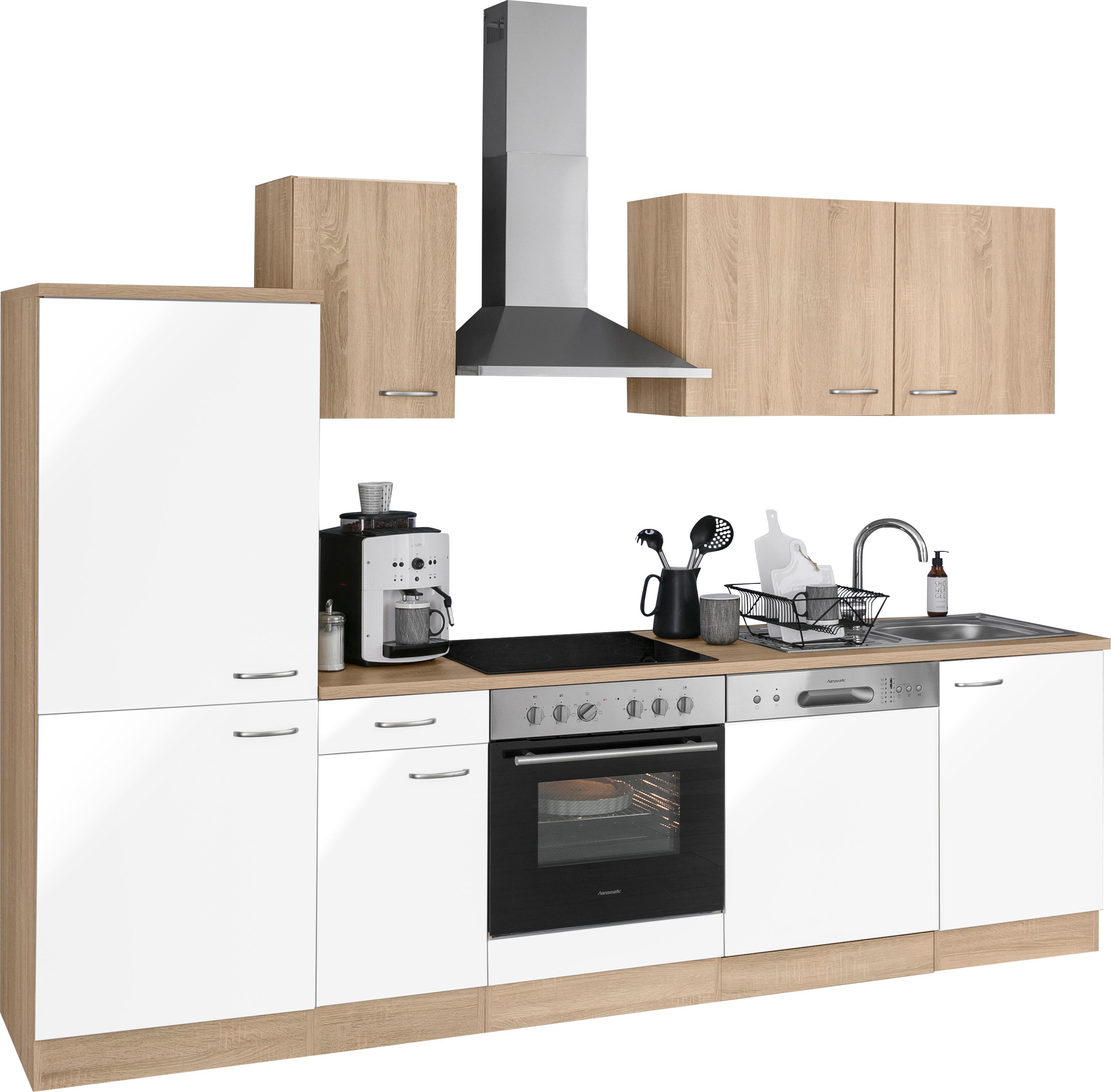 Küchenzeile OPTIFIT "Parare", weiß (küche: weiß, korpus: eichefarben, arbeitsplatte: eichefarben), B:270cm T:60cm, Komplettküchen-Sets, Küchenzeile, ohne E-Geräte, Breite 270 cm