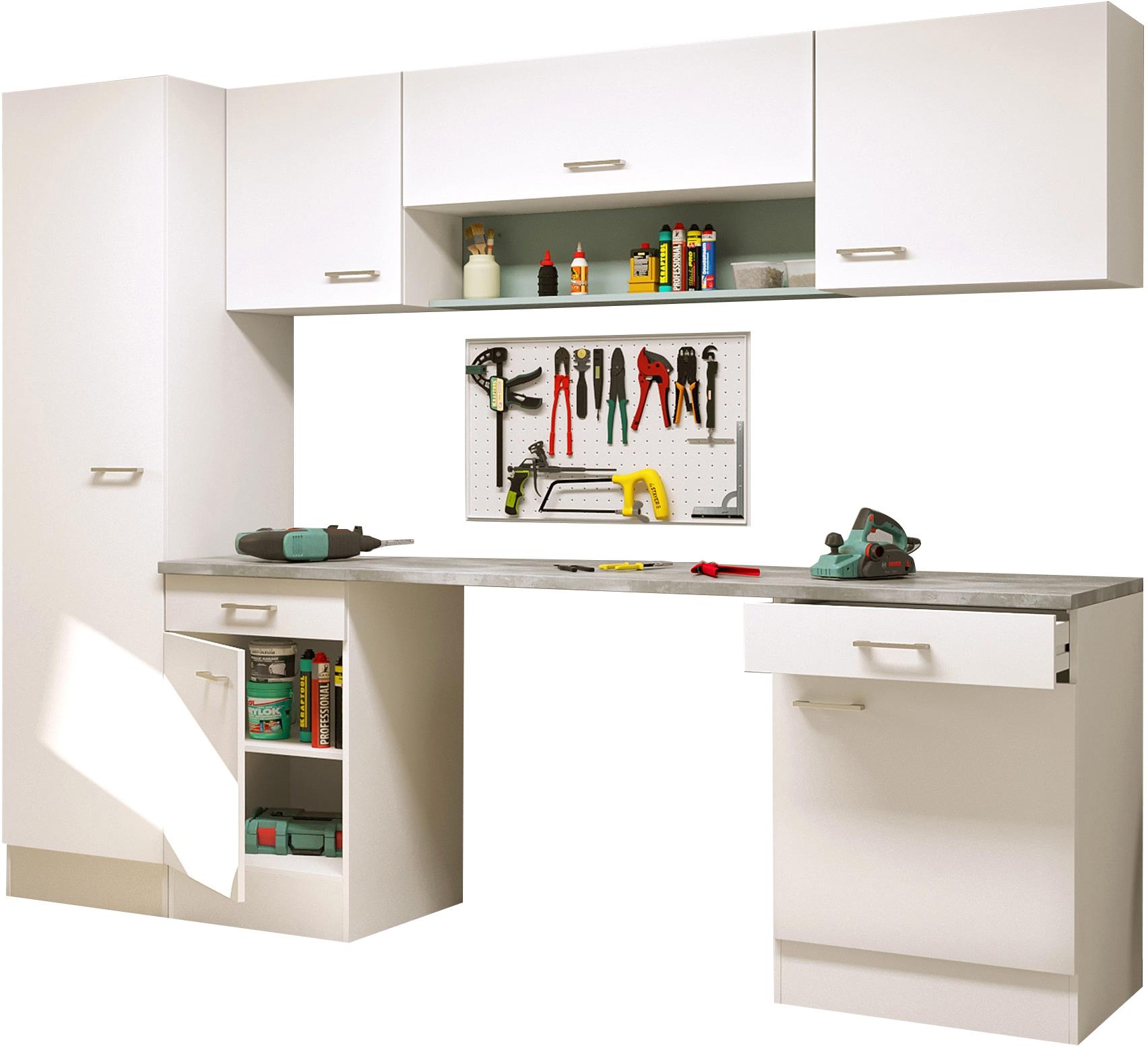 Mehrzweckschrank-Set FLEX-WELL "LUCCA, 8-teilig, Hauswirtschaft-, Hobby/Werkraum, Küche, Breite 260 cm", weiß, caledonia, B:260cm H:200cm T:60cm, Kastenmöbel-Sets, Mehrzweckschrank-Set, Kombination aus 7 Möbelteilen und durchgehender Arbeitsplatte