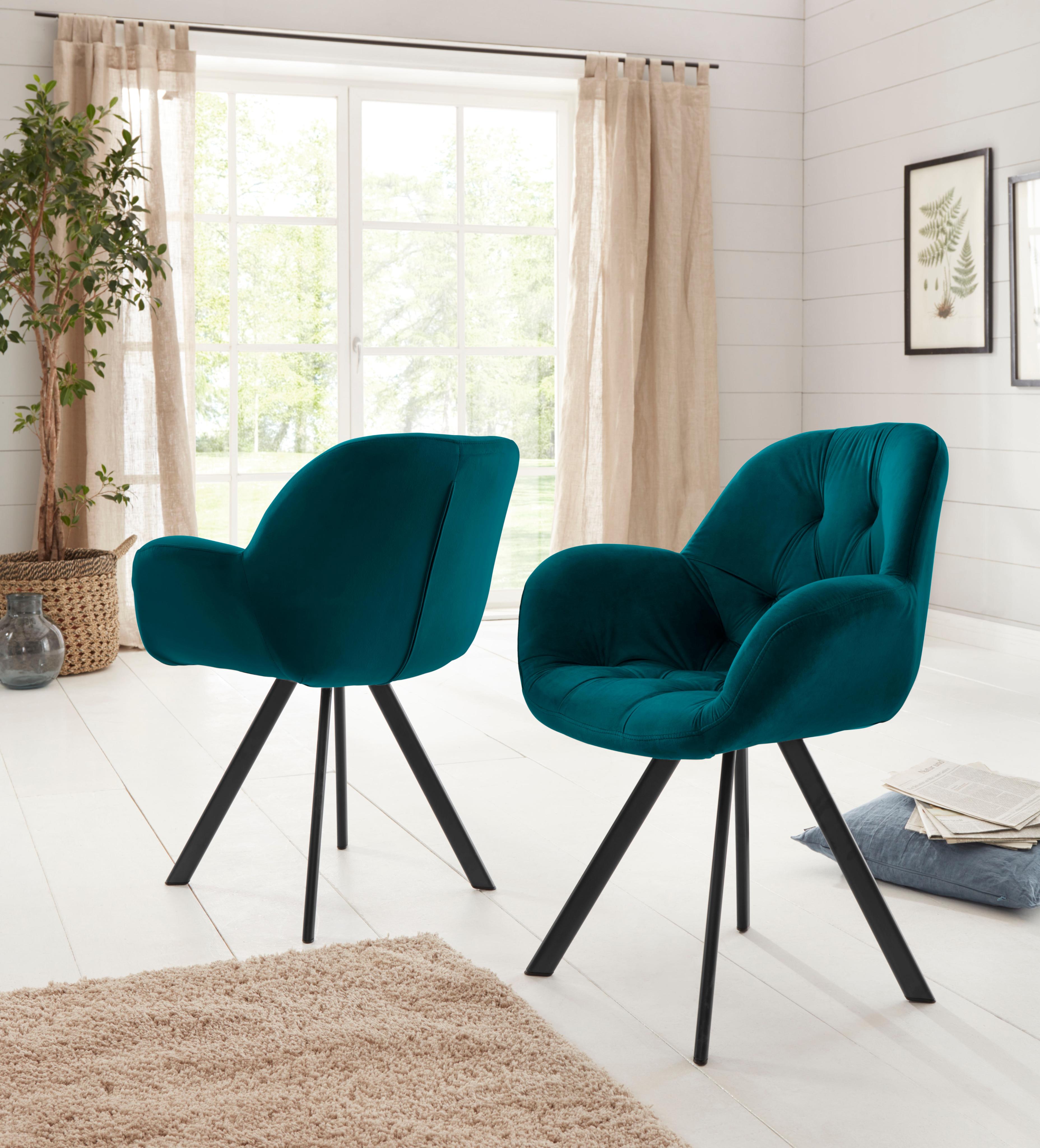 Esszimmerstuhl OTTO HOME "Elli", blau (petrol, metall), B:66cm H:86cm T:66cm, Stühle, Esszimmerstuhl, Bezug in Samtstoff, schwarzes Metallgestell