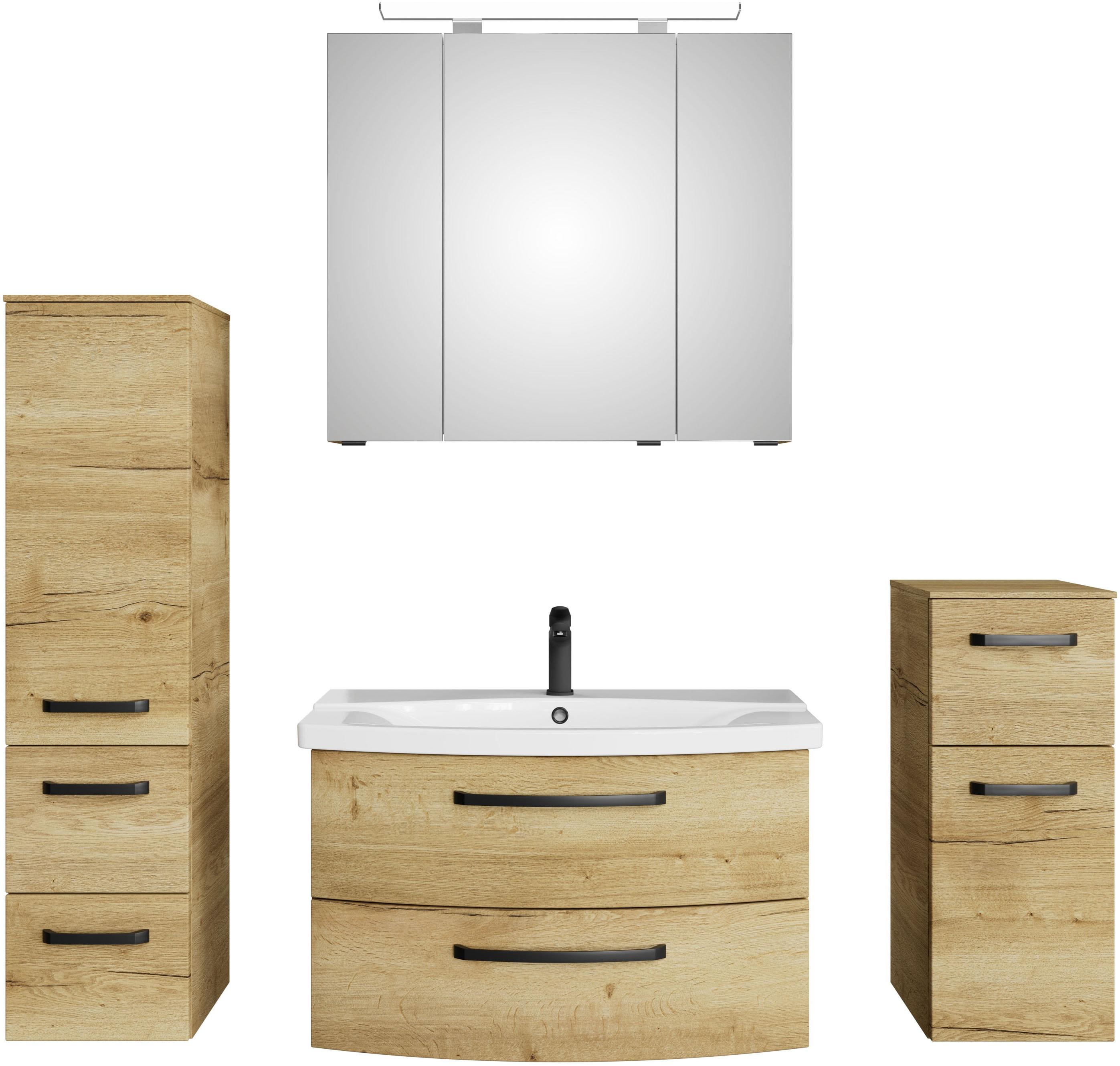 Badmöbel-Set SAPHIR "Serie 4010 4-teilig Keramik-Waschtisch mit LED-Spiegelschrank", braun (halifax eiche quer nachbildung), B:144cm H:200cm T:45cm, Holzwerkstoff, Kastenmöbel-Sets, Badmöbel-Set, Badezimmer Set mit Unterschrank, Midischrank, inkl. Türdämpfer