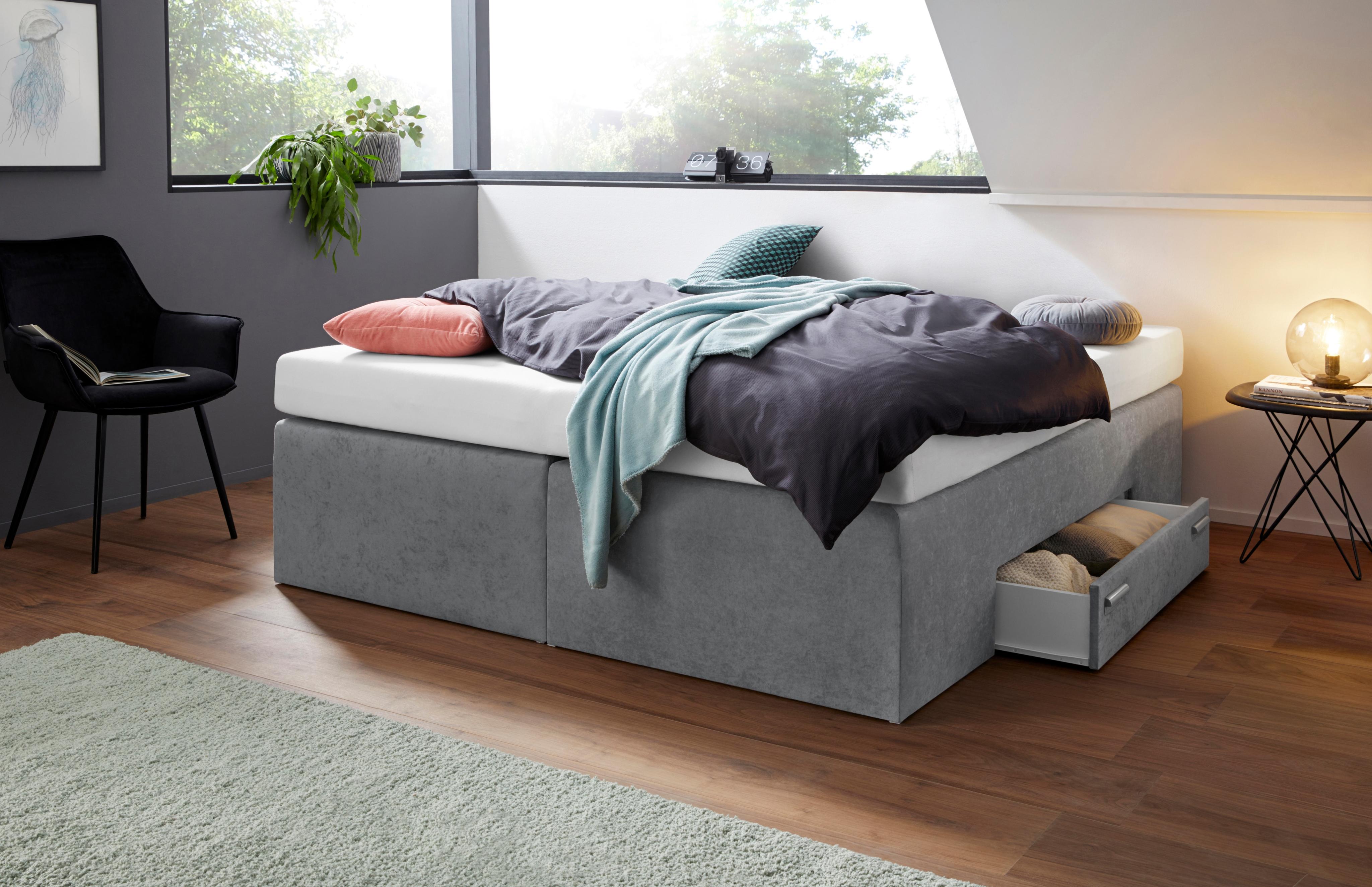 Boxspringbett, grau, B:180cm L:200cm, Bezug Bett: Feinstrukturstoff (77% Polyester, 23%Viskose) oder Microfaser (100% Polyester);Bonnellfederkernmatratze: 100%Polyester;Kaltschaummatratze: 100% Polyester, Bezug abnehm- und waschbar bis 60C, WESTFALIA SCHLAFKOMFORT, Komplettbetten, Boxspringbett, mit integrierter Schublade, frei im Raum stellbar