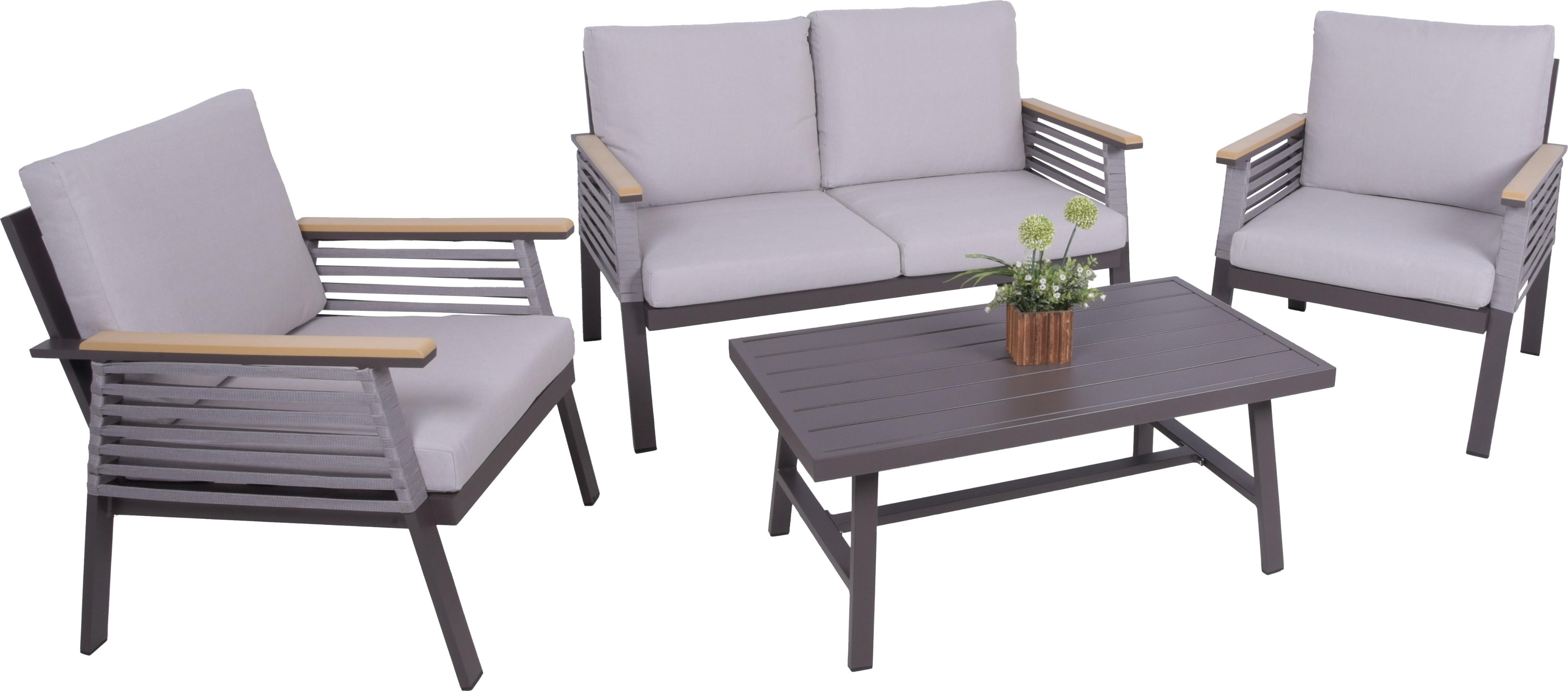 Gartenlounge-Set GARDEN PLEASURE "Lounge-Gruppe »DENIA«", beige (natur, dunkelbraun), Aluminium, Sitzmöbel-Sets, Gartenlounge-Set, 2 Sessel, 1 Sofa,Tisch LxB: 55,5x100 cm, inkl beigen Kissen