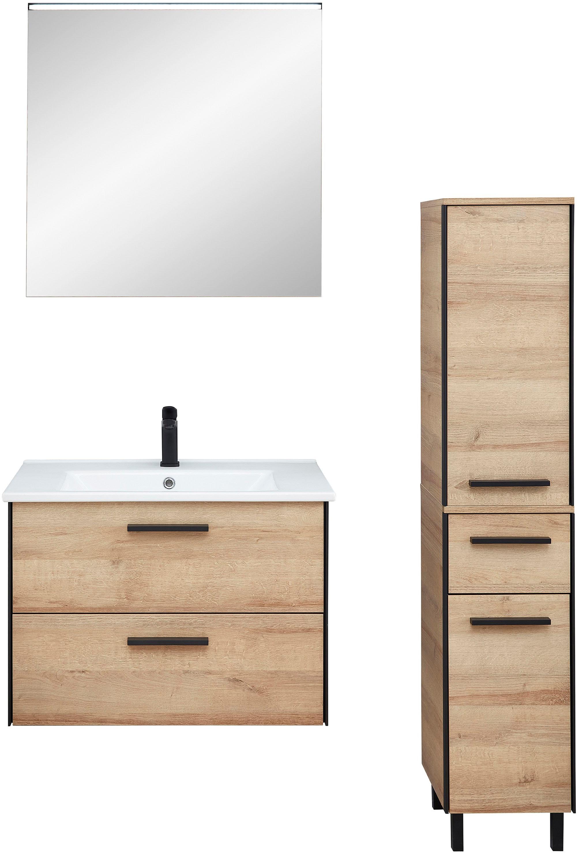 Badmöbel-Set SAPHIR "Quickset 395 3-teilig, Keramikwaschtisch mit LED-Spiegel", braun, Riviera Eiche quer Nachbildungmit schwarzem L-Profil vorne, Kastenmöbel-Sets, Badmöbel-Set, Midischrank, inkl. Türdämpfer, 2 Türen, 3 Schubladen, Bad-Set
