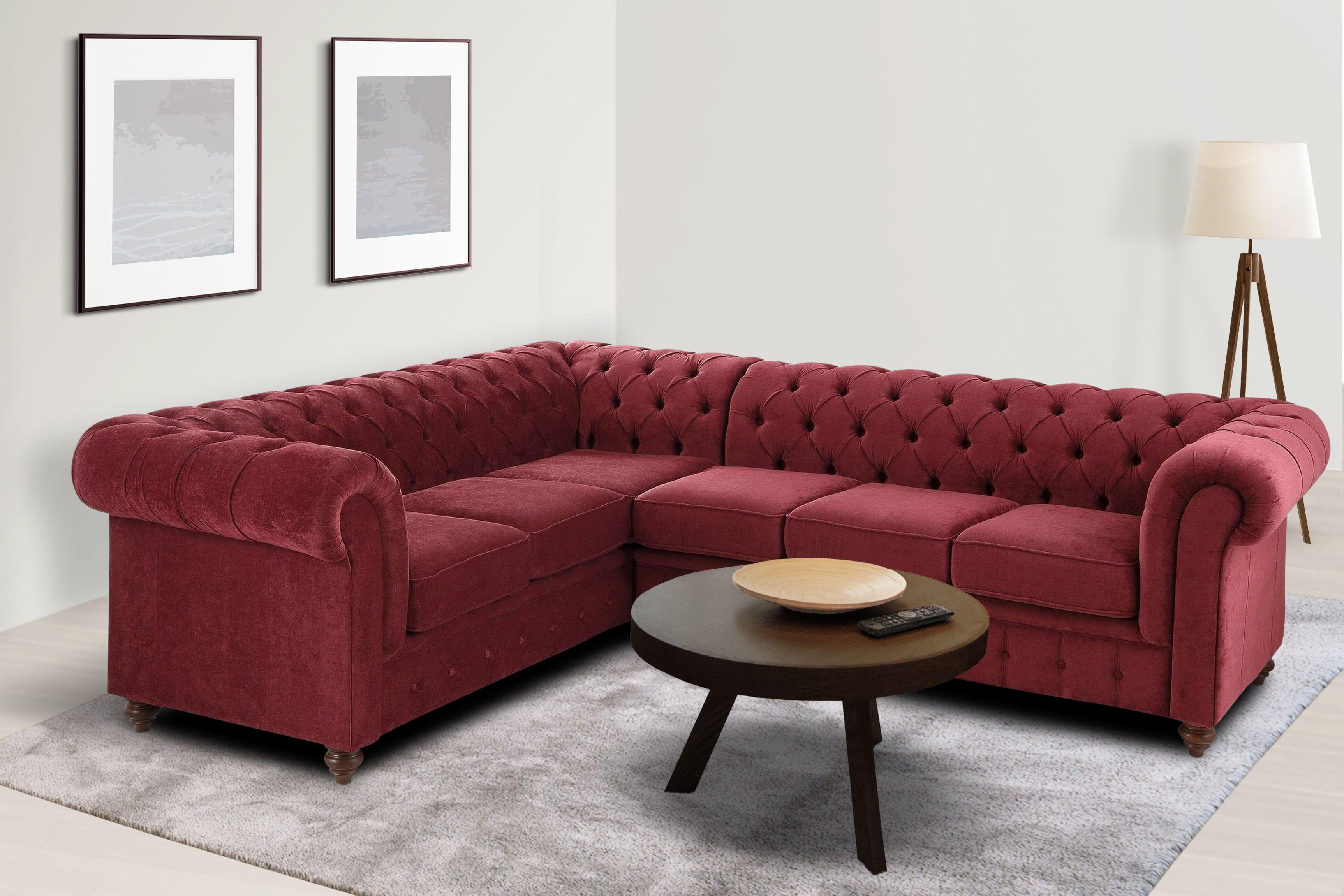 Chesterfield-Sofa HOME AFFAIRE "Chesterfield Ecksofa, auch in Leder L-Form", rot (weinrot), B:250cm H:74cm T:210cm, Luxus-Microfaser (94% Polyester, 5% Nylon, 1% Spandex);Microfaser Antiklederoptik (100% Polyester);NaturLEDER (echtes italienisches Rindsleder), Sofas, Chesterfield-Sofa, hochwertige Knopfheftung, langer Schenkel links oder rechts wählbar