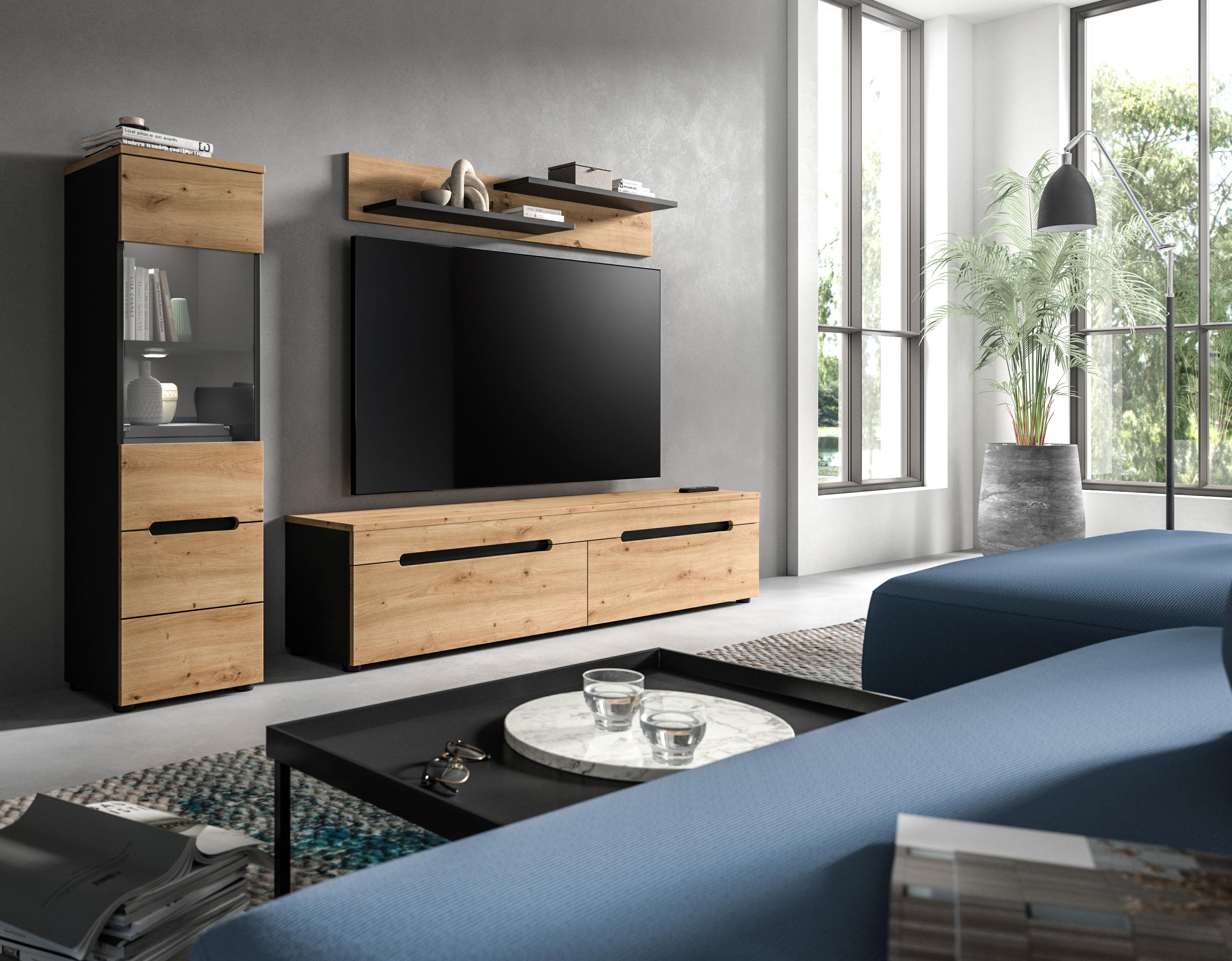 Wohnwand HOME AFFAIRE "REHAT, TOPSELLER, 3-teilig, inkl. Beleuchtung, stehend oder hängend", basalt grau, artisan nb, B:221cm H:141cm T:33cm, Holzwerkstoff, Kastenmöbel-Sets, Wohnwand, Kombination, Anbauwand, Set, Wohn-Set, Wohnzimmer-Set, Schrankwand