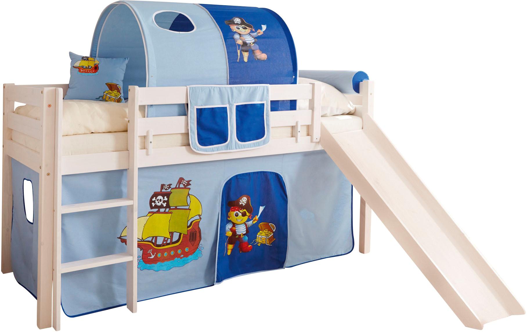 Hochbett TICAA "Manuel", blau (kiefer massiv weiß, pirat, hellblau, dunkelblau), B:217cm H:114cm L:205cm, Hochbetten, Hochbett, mit Rollrost in verschied. Ausführungen wahlweise mit Matratze, weiß