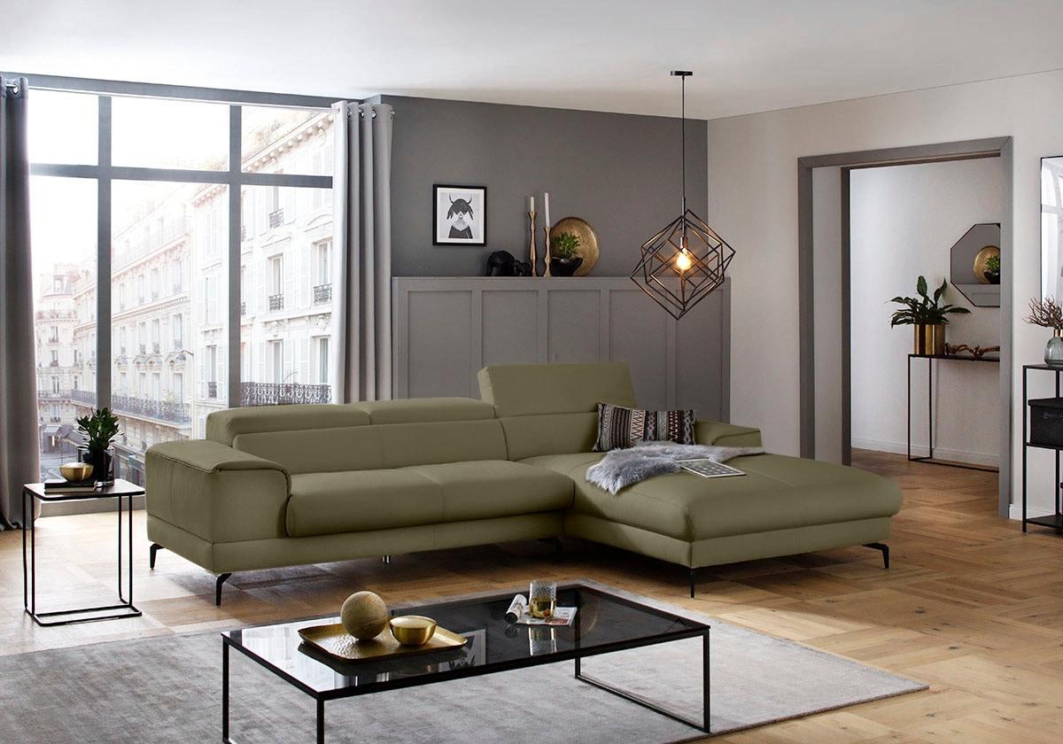 Ecksofa W.SCHILLIG "piedroo, Designsofa mit tollem Sitzkomfort, L-Form", grün (camouflage z69), B:303cm H:70cm T:193cm, Longlife Xtra-Leder Z69: Das feinnarbige, gedeckte Softleder Z69 besticht durch seine außergewöhnliche Weichheit im trendigen »Vintage-Look«, Hautstärke 0, 9 - 1, 1 mm, Sofas, Ecksofa, Kopfteilverstellung, wahlweise mit Sitztiefenverstellung, Breite 303cm