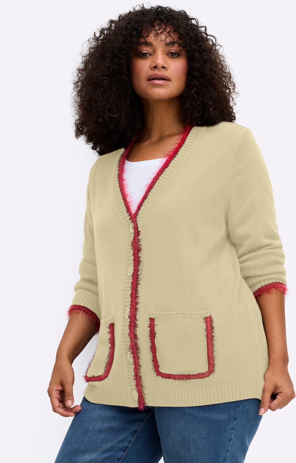 Cardigan SHEEGO, Damen, Gr. 44/46, sand, kirsche, 100% Polyacryl, Besatz:100% Polyamid, unifarben, Strickjacken Cardigan