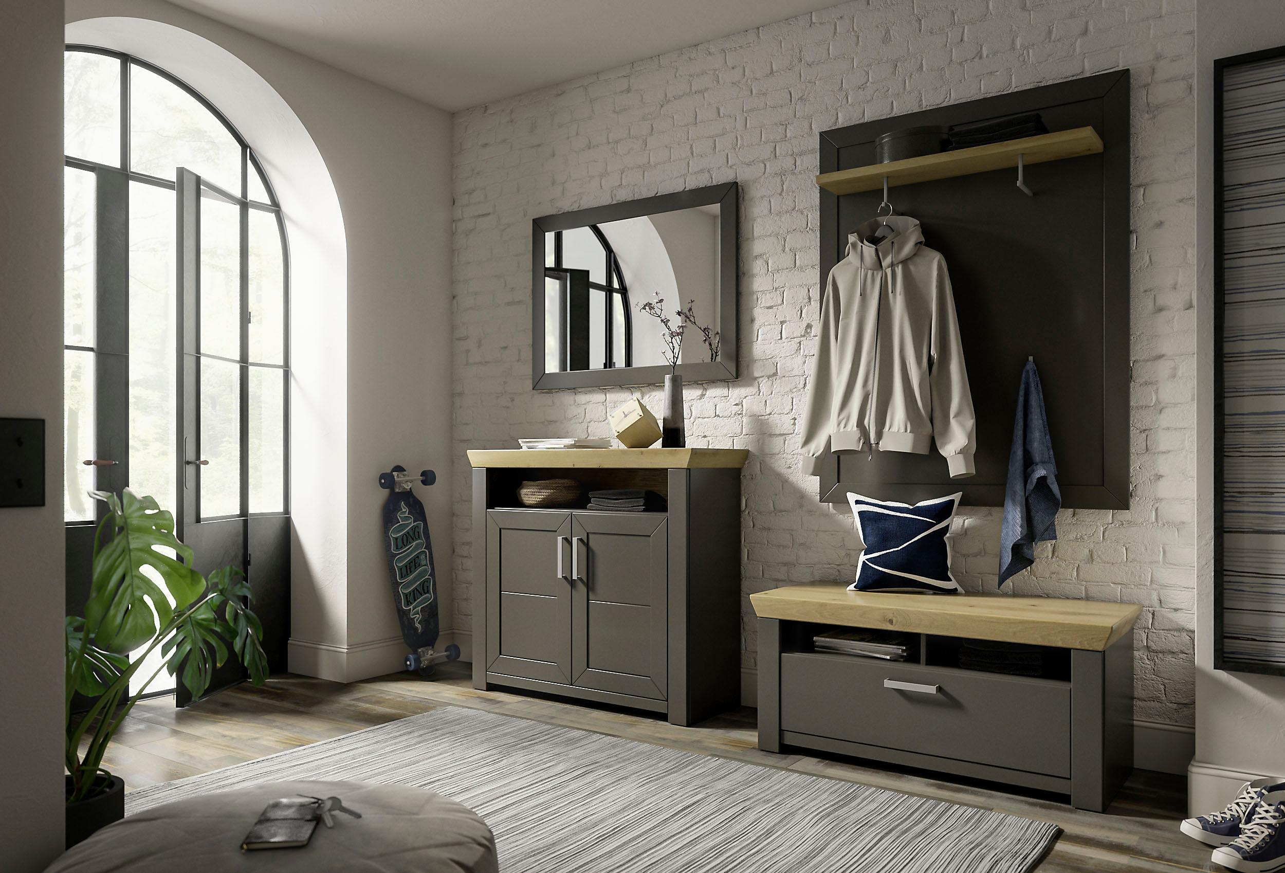 Garderoben-Set "GA York Kombi 56", grau (grau anthrazit, eiche artisan), B:224,5cm H:200,6cm T:51,2cm, Holzwerkstoff, SET ONE BY MUSTERRING, Kastenmöbel-Sets, Garderoben-Set, mit Garderobenpaneel und Spiegel