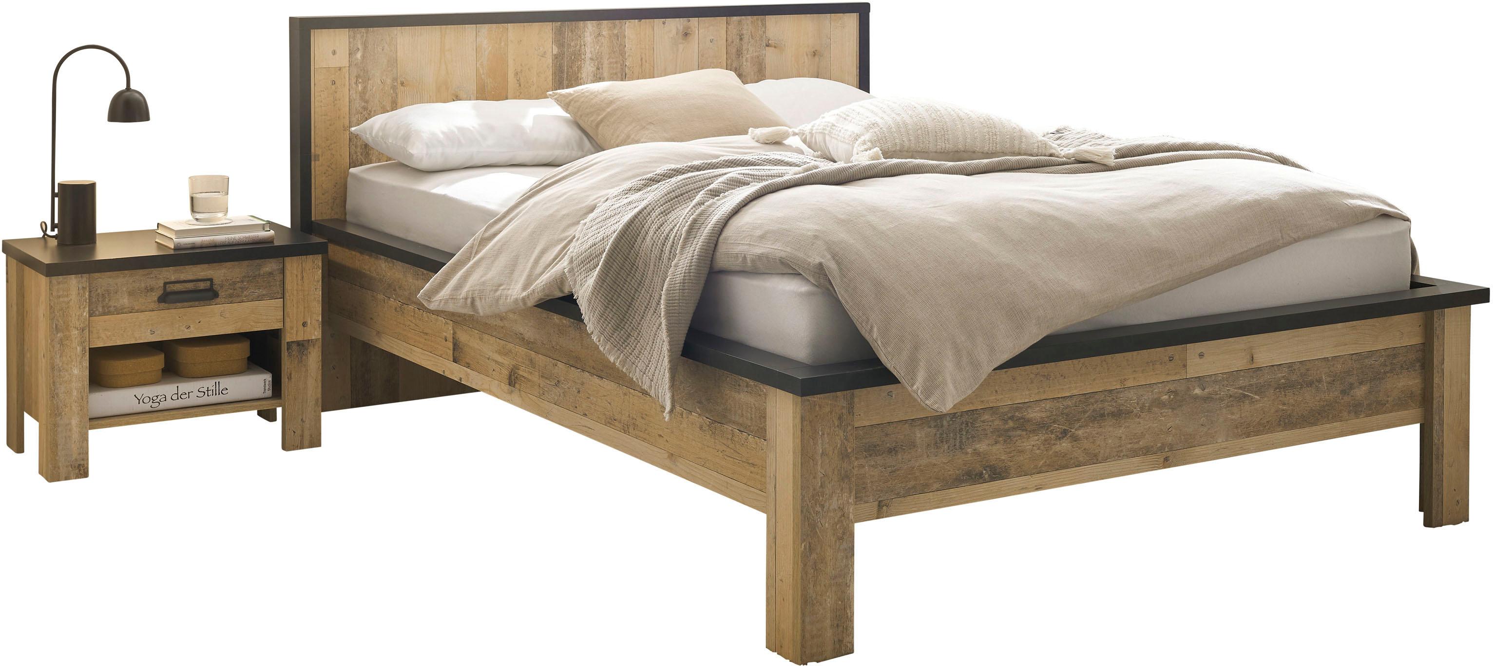 Bettanlage HOME AFFAIRE "SHERWOOD", braun (old style hell dekor), B:280cm H:93cm T:213cm, Schlafzimmermöbel-Sets, Bettanlage, Liegefläche Bett 140x200cm, 2 Nachttische mit jeweils 1 Schublade