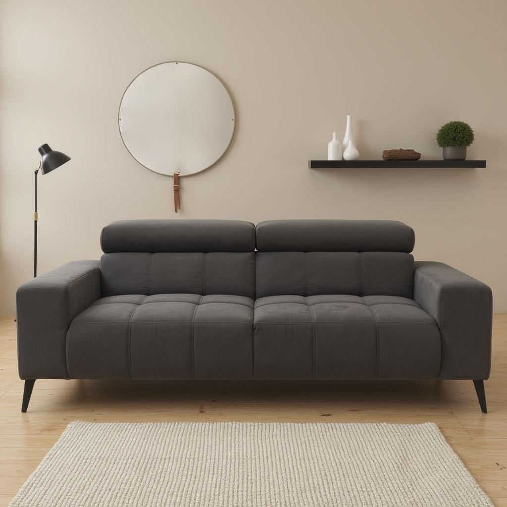 2-Sitzer DOMO COLLECTION "Trento, mit Kufenfuß oder Einzelfuß", grau (dunkelgrau), B:208cm H:79cm T:104cm, 92% Polyester, 8% Nylon, Sofas, 2-Sitzer, wahlweise mit Kopfteilverstellung und in zwei Größen erhältlich