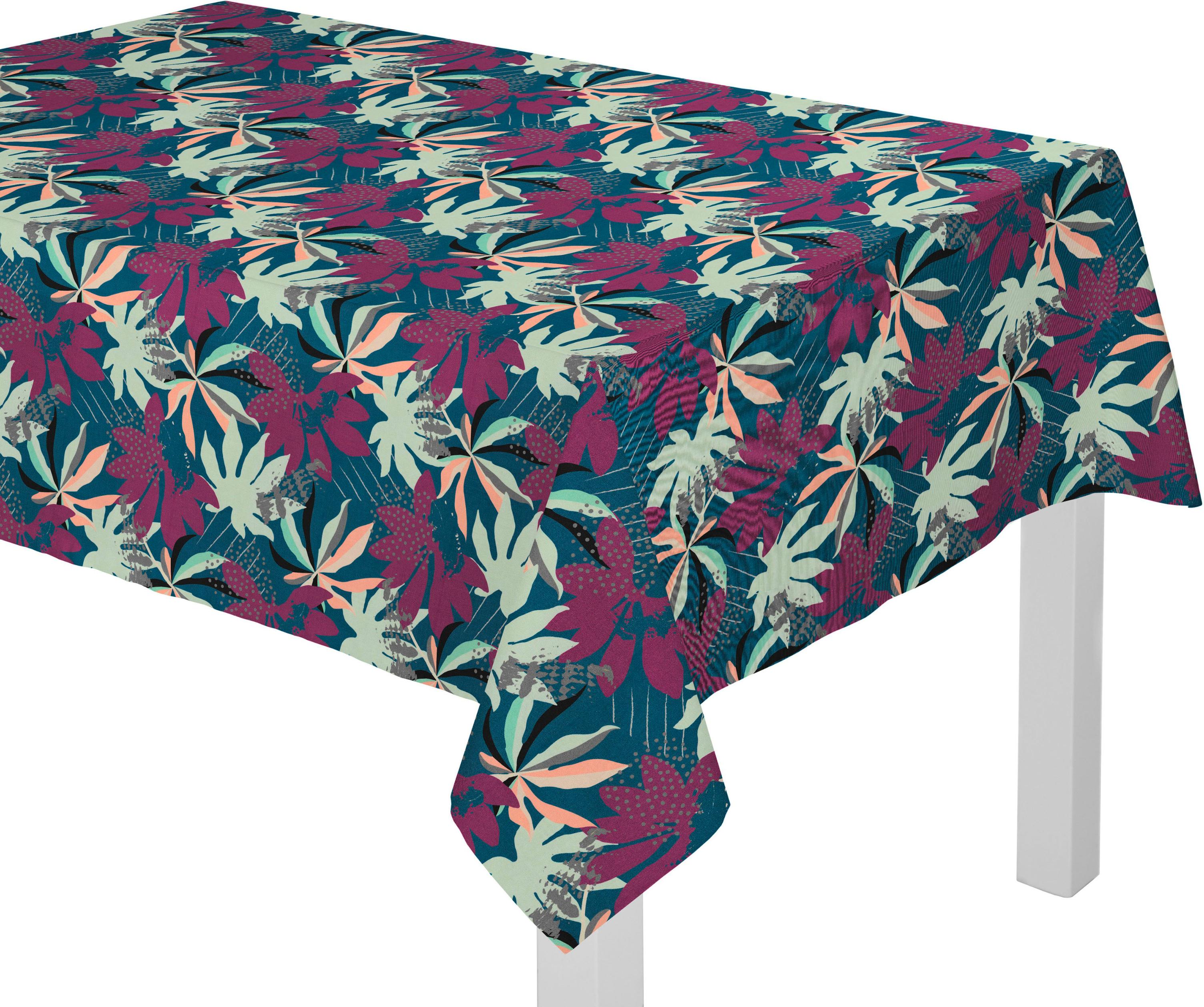 Tischdecke ADAM "Jungle" Gr. 4, bunt (dunkelblau, lila), B:220cm L:145cm, Bio-Baumwolle, Tischdecken, Tischdecke, aus 100% Bio-Baumwolle