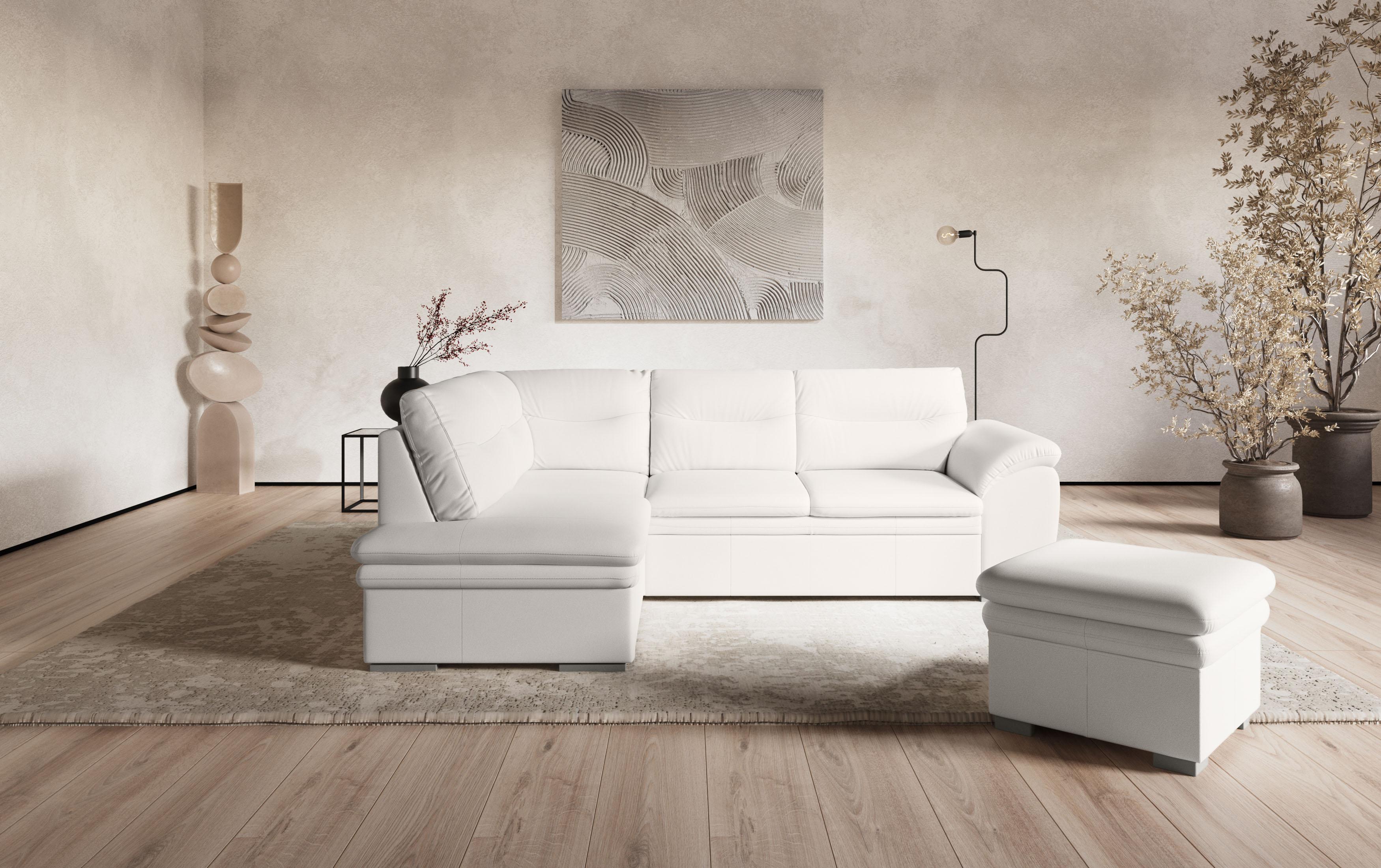 Ecksofa COTTA "Leandra L-Form", weiß (altweiß), B:250cm H:88cm T:90cm, NaturLEDER: Bitte beachten Sie, dass Lederbezüge mehr Nähte aufweisen als Stoffbezüge.;Kunstleder Softlux;NaturLEDER (echtes Rindsleder) in Sitz und Rücken.;Luxus-Microfaser (100% Polyester), Sofas, Ecksofa, wahlweise mit Bettfunktion & Bettkasten