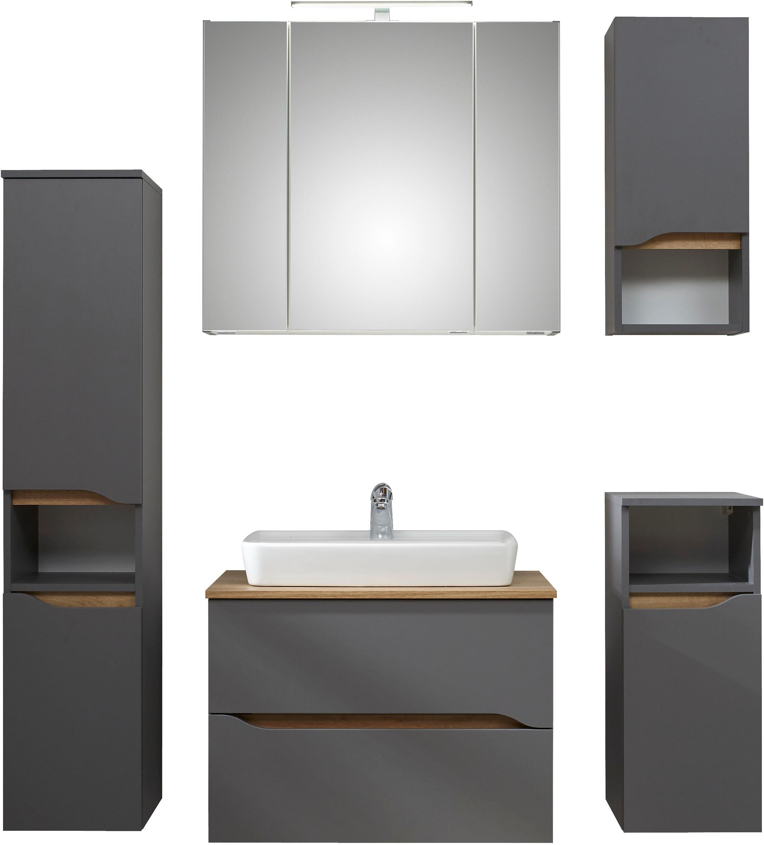 Badmöbel-Set SAPHIR "Quickset 5-teilig, Keramik-Aufsatzbecken und LED-Spiegelschrank", grau (quarzgrau matt touch, quarzgrau matt, akzent riviera eiche quer nb), Kastenmöbel-Sets, Badmöbel-Set, Midischrank, Unterschrank, Hängeschrank, inkl. Türdämpfer, 7 Türen