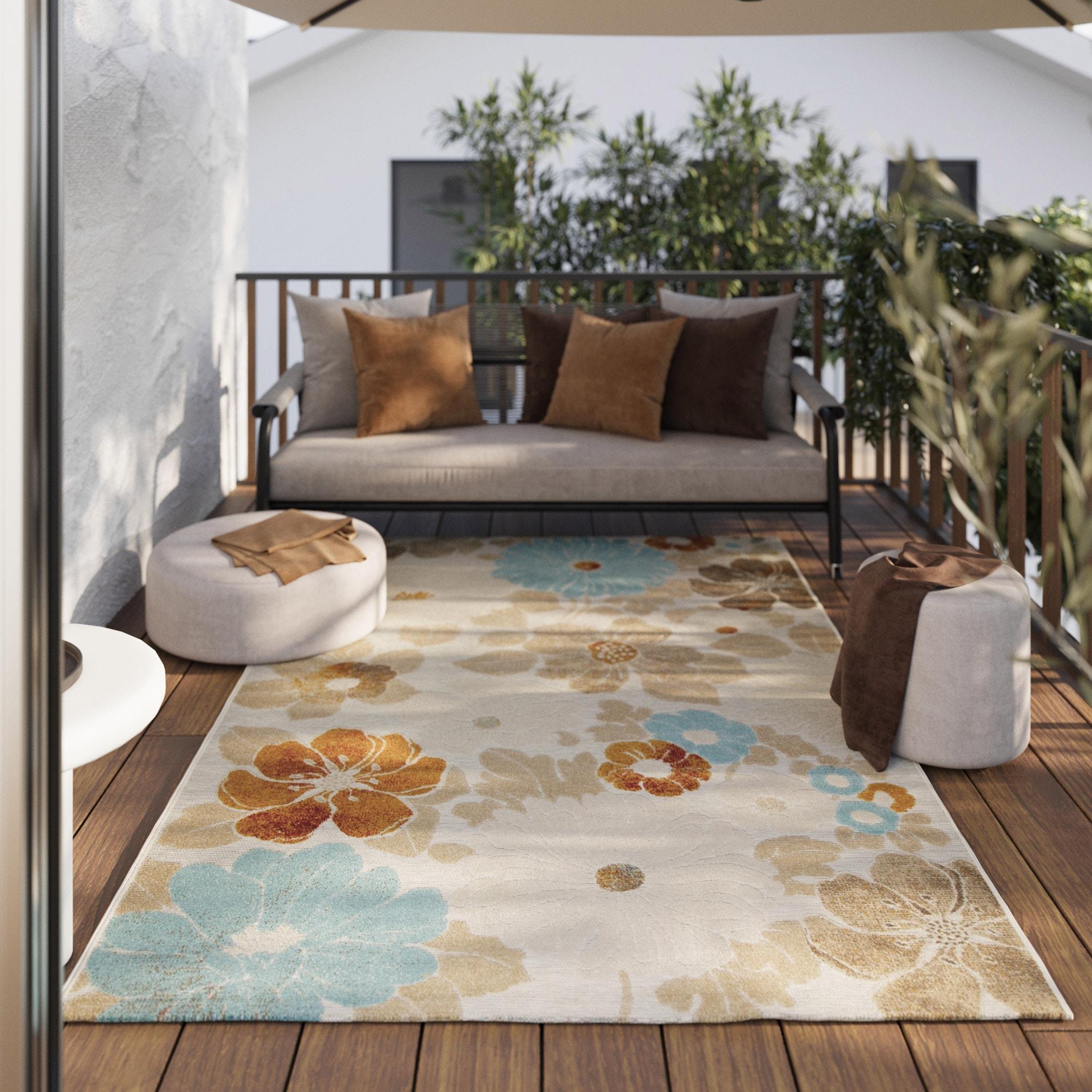 Outdoorteppich WECON HOME "Beach Flower", bunt (beige,hellblau,gelb), B:200cm H:5mm L:290cm, Polypropylen, Teppiche, Outdoorteppich, Läufer, für Innen & Außen, pflegeleicht, Hoch-Tief Effekt