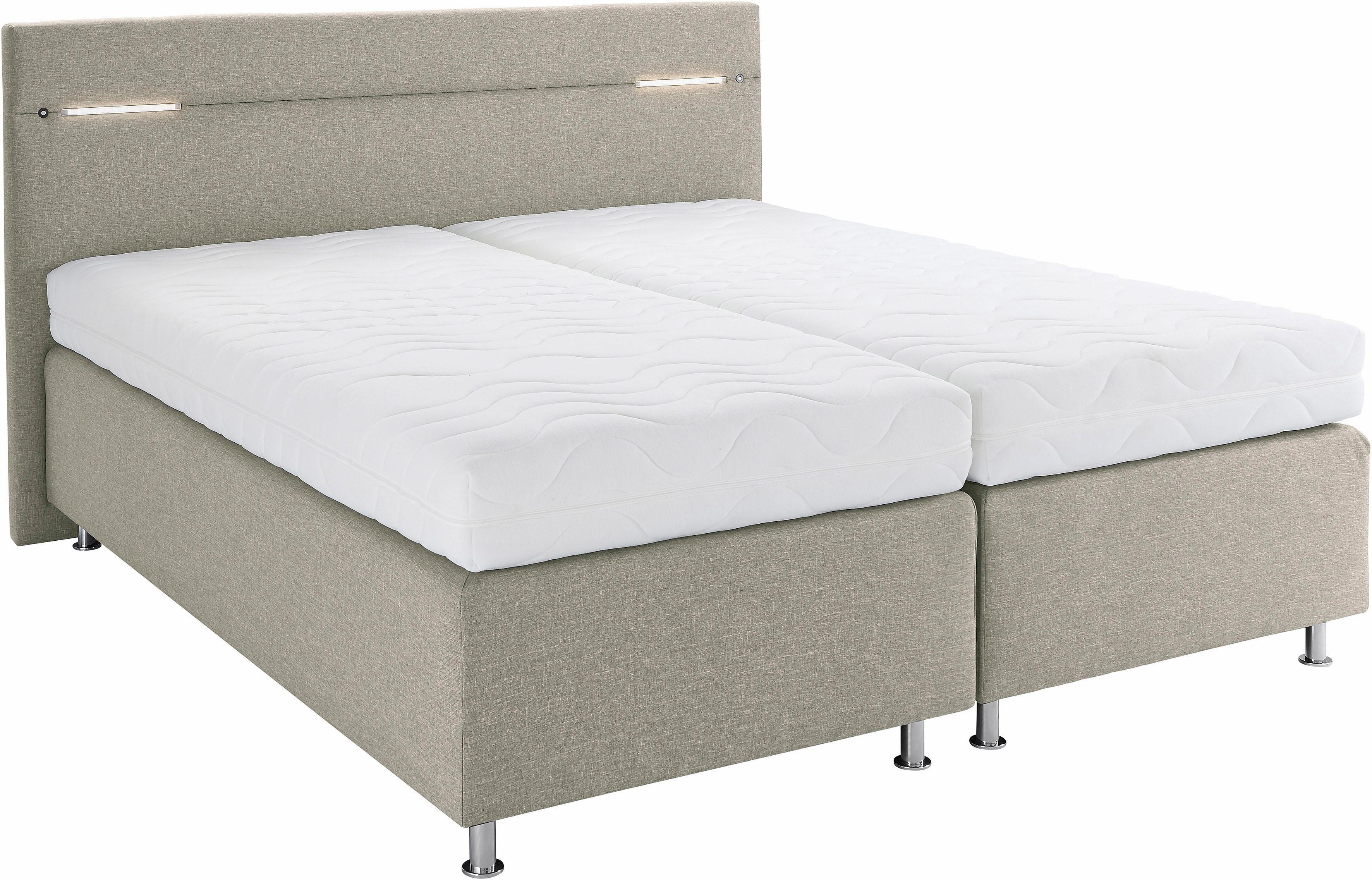 Boxspringbett, beige (struktustoff dunkelbeige), mit LED-Beleuchtung, Liegefläche B/L: 180cm x 200cm, H3, 7-Zonen-Kaltschaummatratze, Bezug Unterbox und Kopfteil: Strukturstoff (77% Polyester und 23% Viskose);Bezug Obermatratze 100% Polyester, waschbar bis 60C, WESTFALIA SCHLAFKOMFORT, Komplettbetten, Boxspringbett, wahlweise mit LED-Beleuchtung