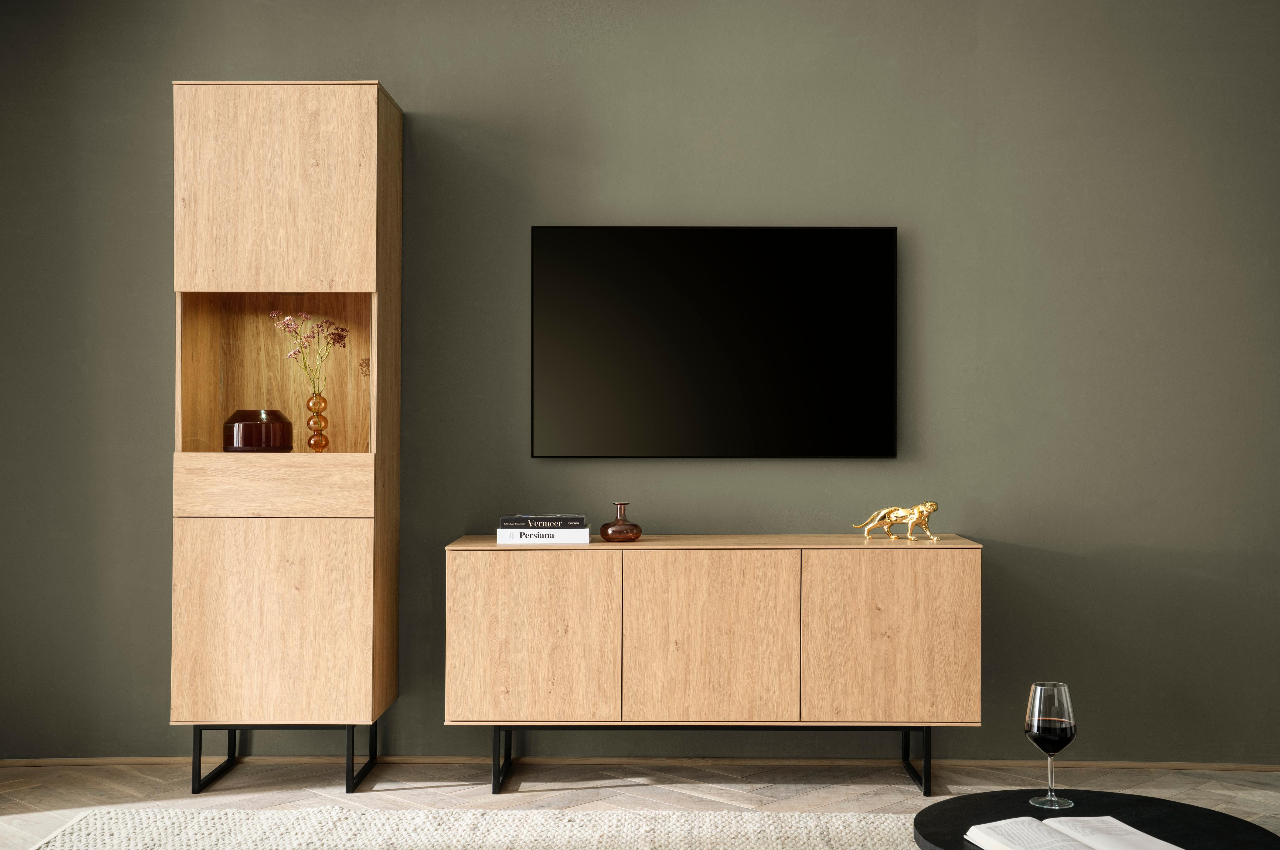 Wohnwand HOME AFFAIRE "Lund, moderne Anbauwand, Wohnzimmer-Set in Stone Oak", stone oak, B:233cm H:40cm T:200cm, Holzwerkstoff, Kastenmöbel-Sets, Wohnwand, enthält Vitrine und Lowboard