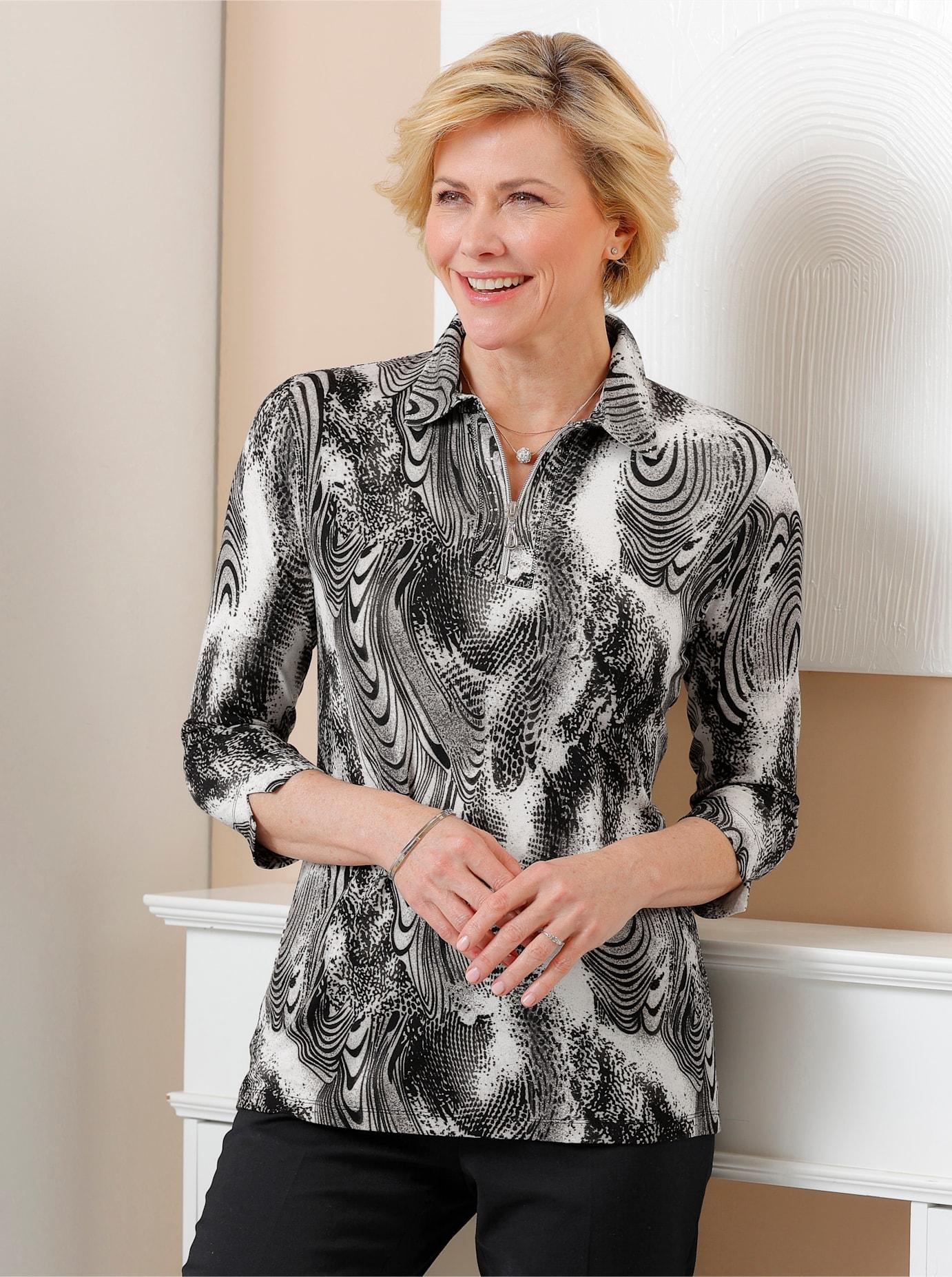 Poloshirt CLASSIC "Shirt", Damen, Gr. 40, schwarz (schwarz, ecru, bedruckt), 95% Viskose, 5% Elasthan, gemustert, mehrfarbig, Shirts Poloshirt