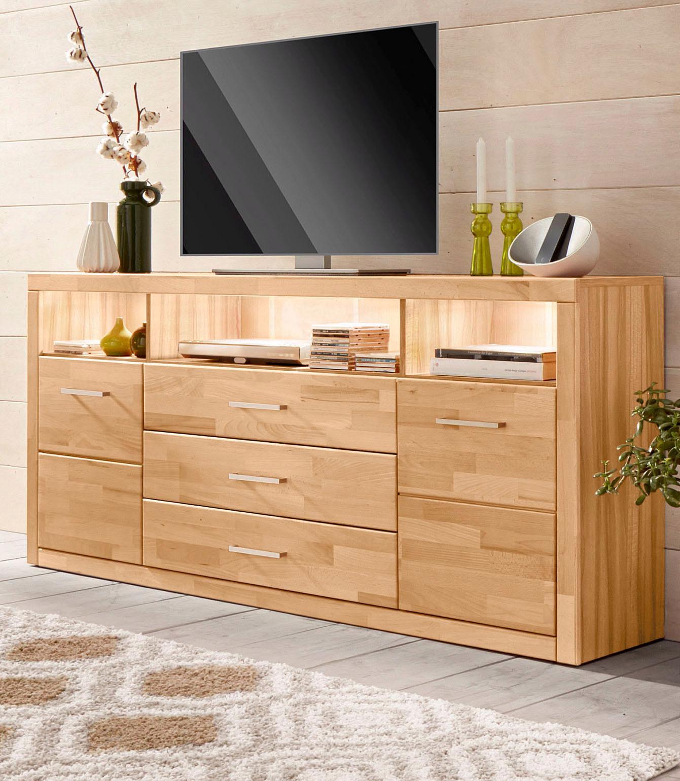 Sideboard OTTO HOME "Ribe,180cm breit, Fronten Massivholz,7 Fächer", beige (kernbuche teilmassiv), B:180cm H:80cm T:35cm, Holz teilmassiv, Sideboards, Sideboard, Holz massiv, Holzwerkstoff, Metall Griffe,2Türen,3Schubladen