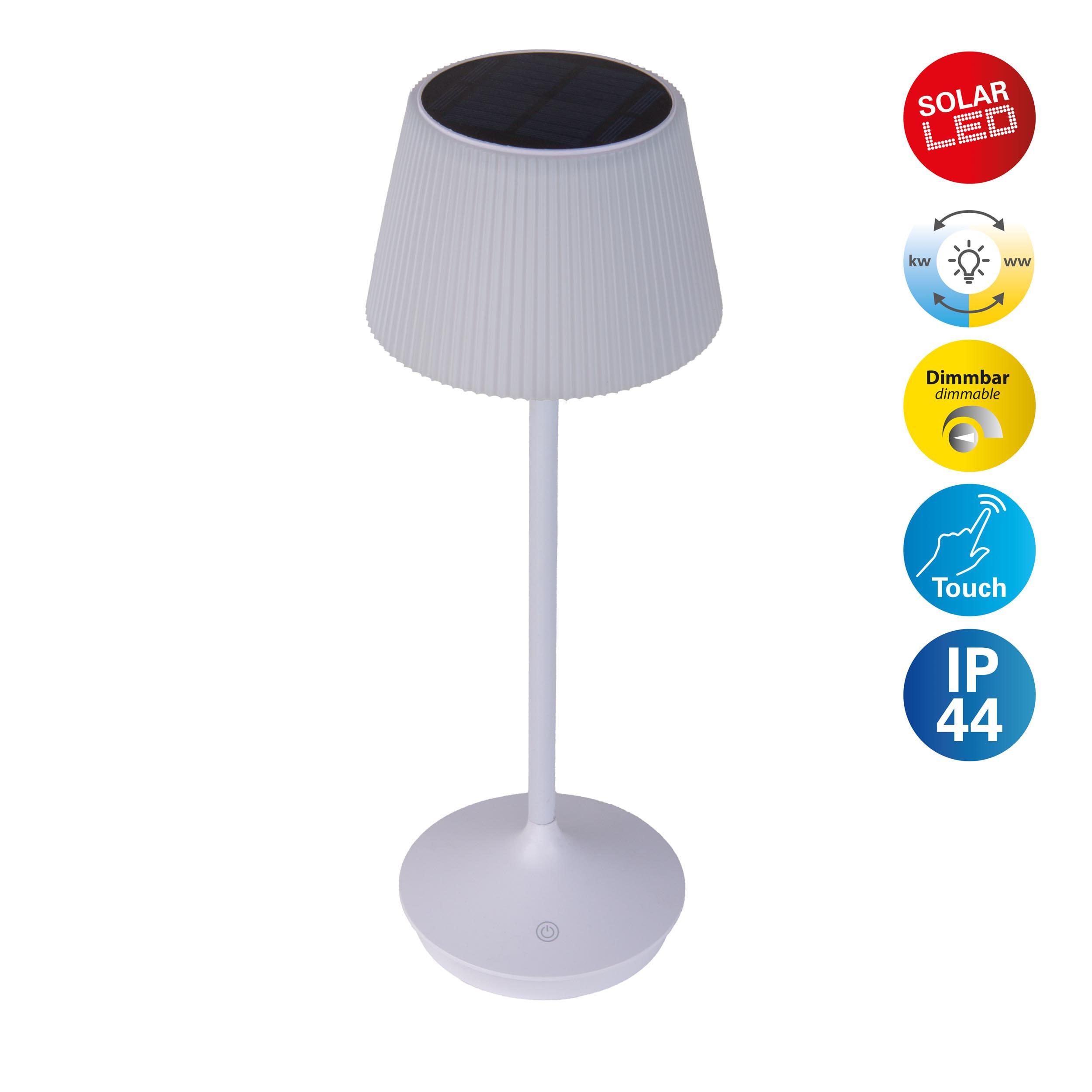 NÄVE LED Tischleuchte "Solarleuchte / Akkuleuchte "EMMI", weiß, 1, Ø 13cm H: 38cm, 1 Stk., Leuchten, Solarbetrieb, Akkubetrieb, CCT, Berührungssensor, Akkutischleuchte, LED Tischleuchte