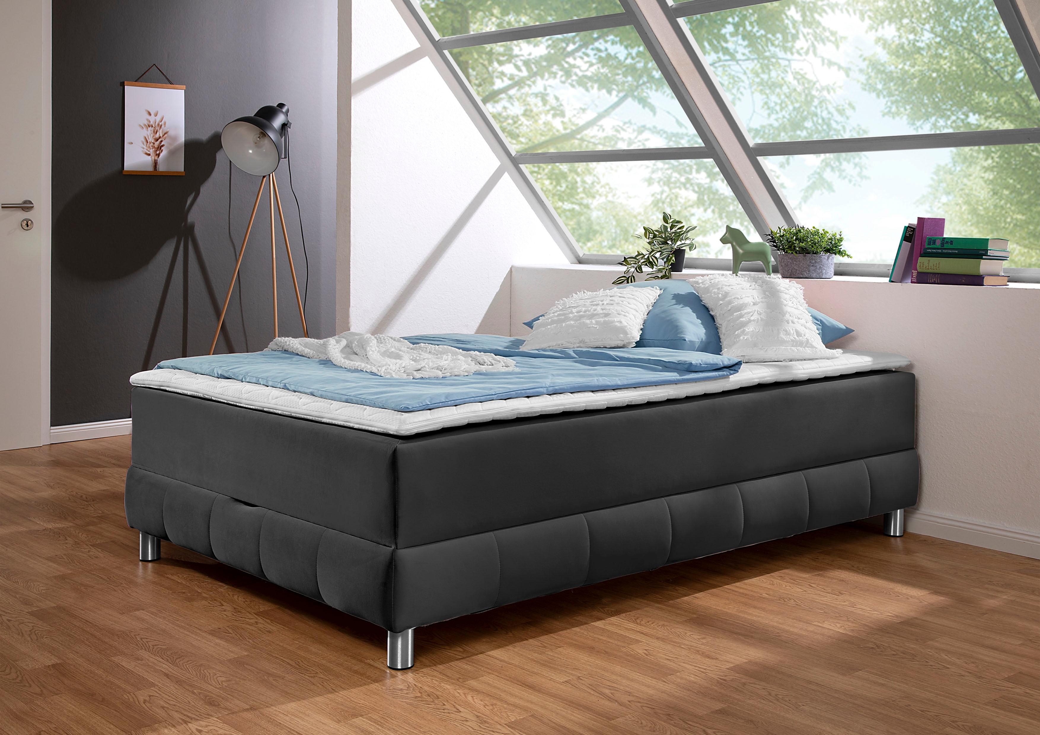 Boxspringbett HOME AFFAIRE "Vaasa", grau (schiefer), B:146cm L:206cm, Komplettbetten, Boxspringbett, für Dachschrägen geeignet, inkl. Bettkasten und Topper