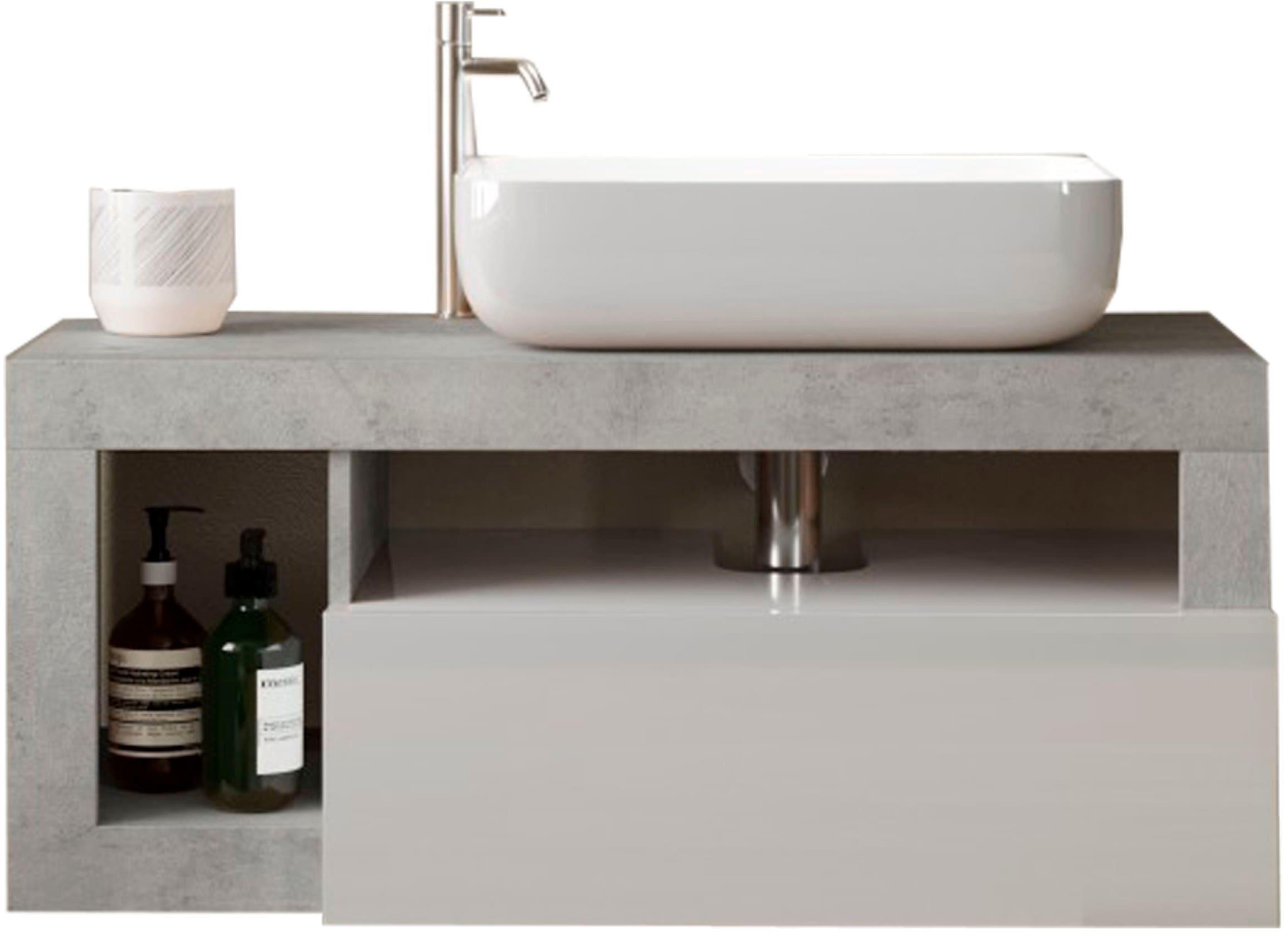 Waschtisch WELLTIME "Hamburg", weiß (weiß, beton, optik, weiß), B:92cm H:61cm T:49cm, Waschtische, Waschtisch, 1 Schubkasten, Breite 92 cm, Soft-Close, inkl. Keramik-Aufsatzbecken