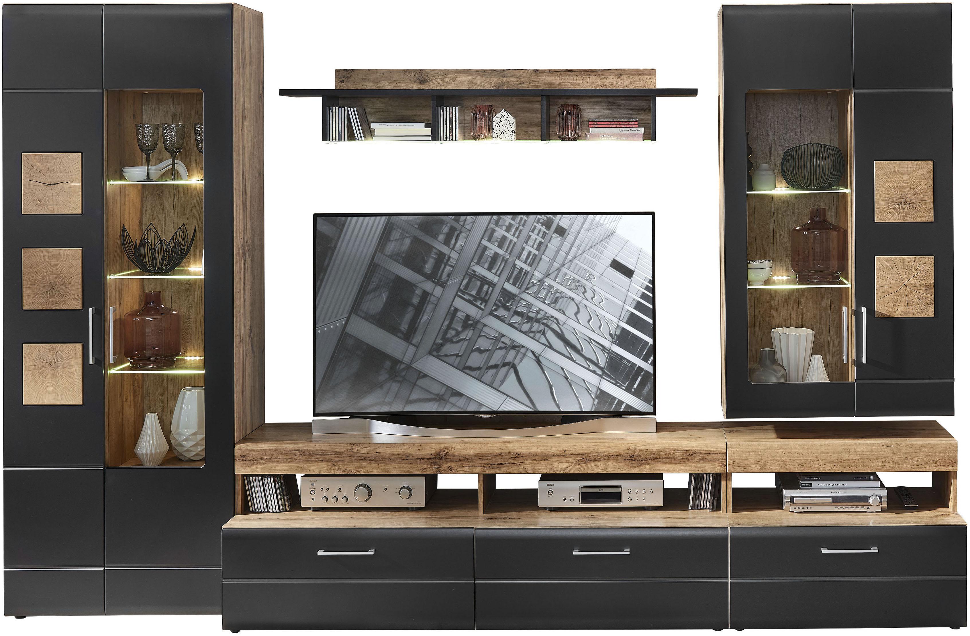 Wohnwand INNOSTYLE "Sonate, TOPSELLER", schwarz (absetzung hirnholz nb, eiche altholz nb), B:330cm H:208cm T:52cm, Glas, Holzwerkstoff, Kastenmöbel-Sets, Wohnwand, inkl. LED-Beleuchtung