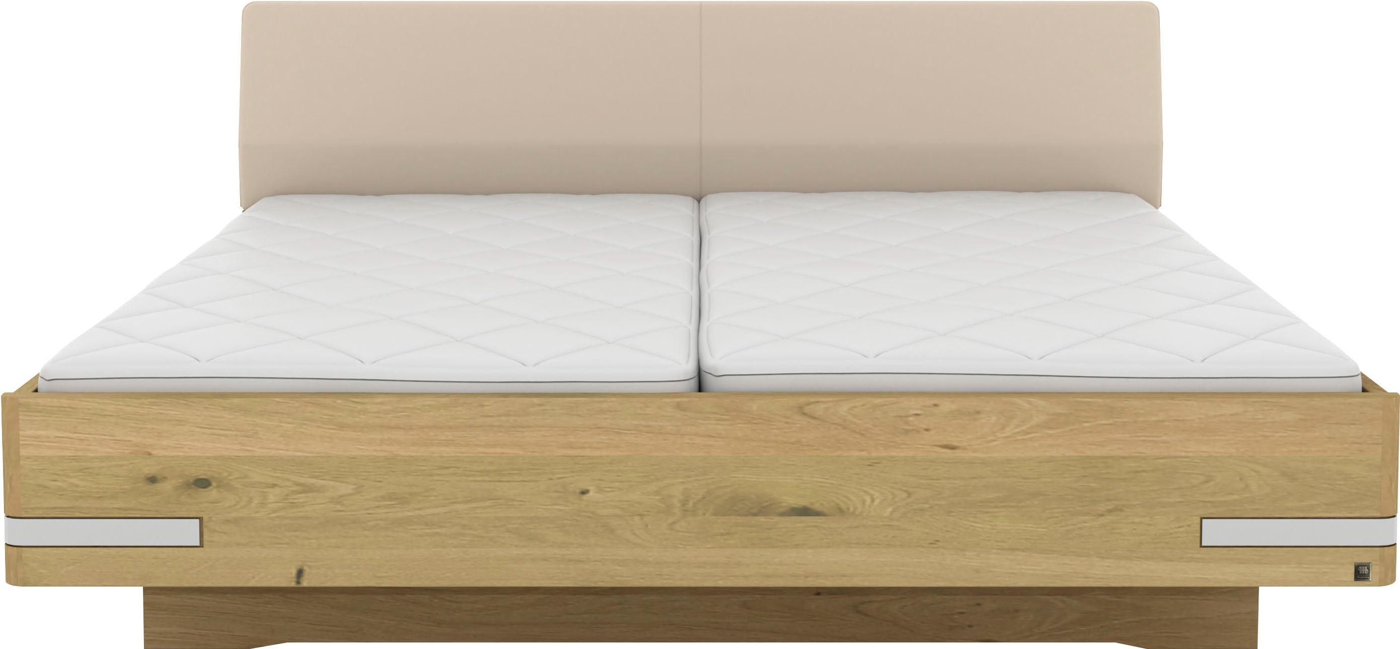 Holzbett MUSTERRING "Savona, Bettgestell, Bettrahmen, teilmassiv Bianco-Eiche", beige (weiß, neutral), B:200cm L:190cm, Betten, Holzbett, Kopfteil Kunstleder Champagner, Details in Chrom, verschiedene Größen