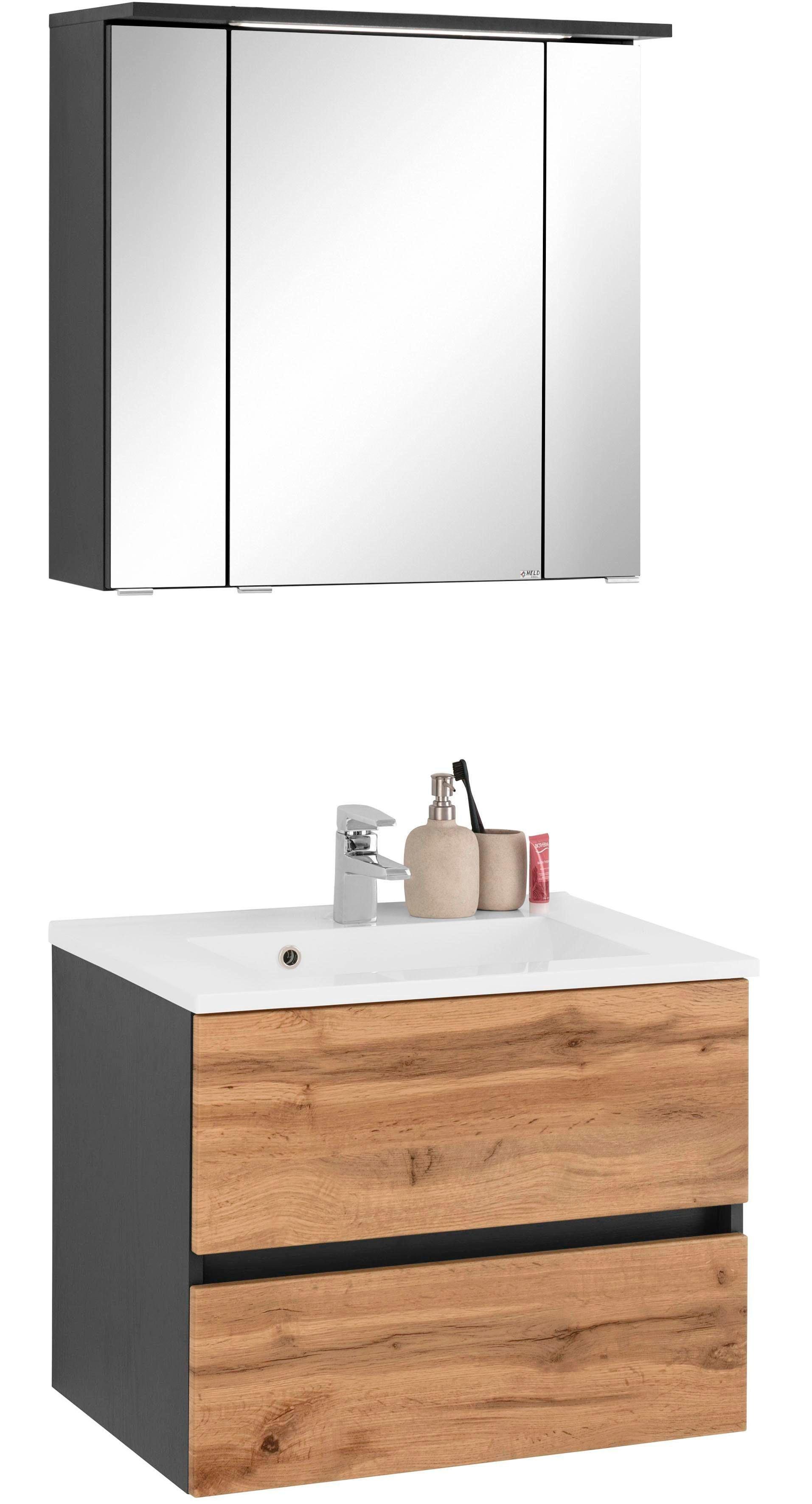 Badmöbel-Set WELLTIME "Lucca", grau (graphitgrau, eichefarben), Kastenmöbel-Sets, Badmöbel-Set, Breite 60 cm, mit LED-Spiegelschrank