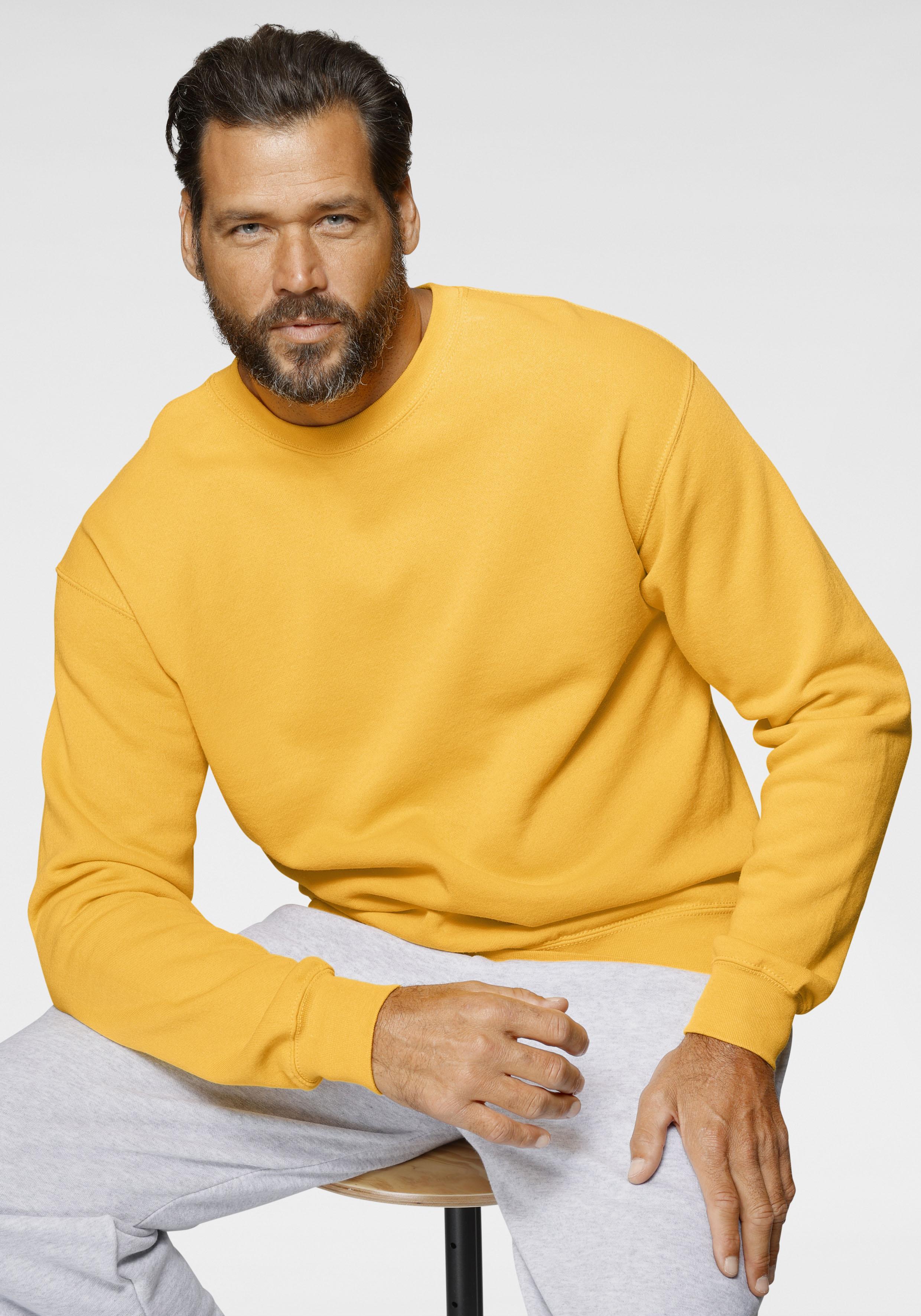 Sweatshirt FRUIT OF THE LOOM, Herren, Gr. S (44/46), gelb (sonnengelb), angeraute Sweatware, Obermaterial: 80% Baumwolle, 20% Polyester, schmal hüftlang, Rundhals, Rippbündchen, Sweatshirts Sweatshirt, im unifarbenen Design, Topseller