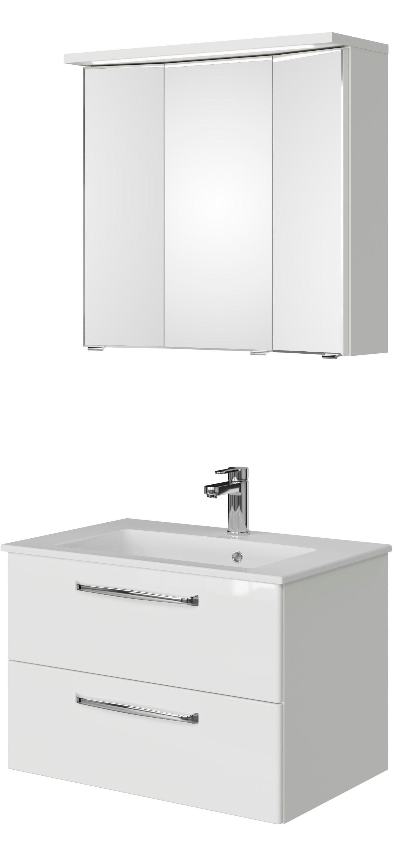 Badmöbel-Set SAPHIR "Trentino 2-teilig Mineralmarmor-Waschtisch mit LED-Spiegelschrank", weiß (weiß hochglanz), Kastenmöbel-Sets, Badmöbel-Set, Badmöbel-Set 77cm breit, inkl. Türdämpfer, 3 Türen, 2 Auszügen