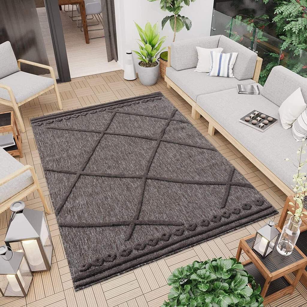 Teppich CARPET CITY "In-& Outdoorteppich Santorini 58578, 3D-Effekt, Raute-Optik", grau (anthrazit), B:80cm H:5mm L:150cm, Polypropylen (PP), Teppiche, Teppich, Wetterfest & UV-beständig für Terrasse, Balkon, Küche, Flur